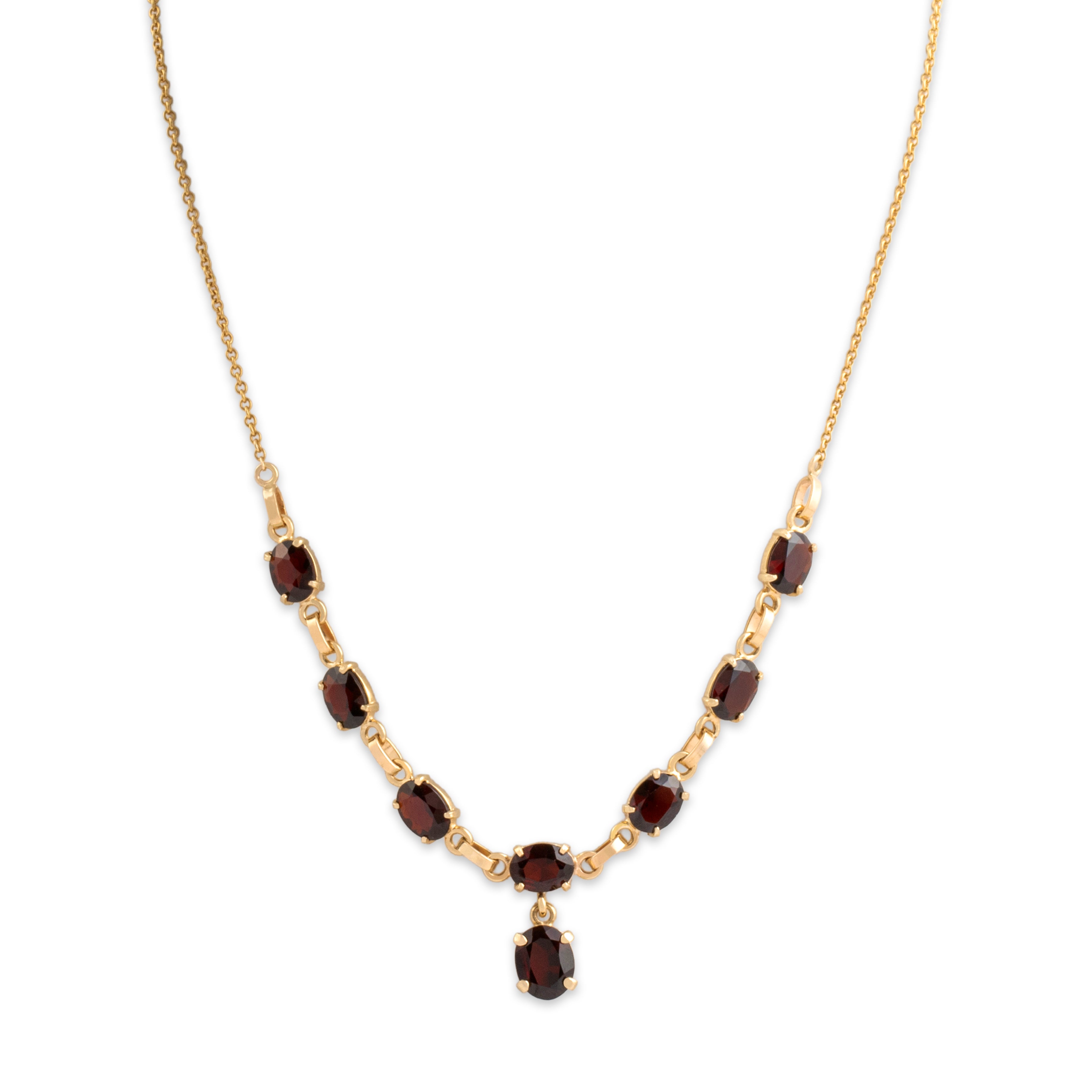 Vintage 14k Yellow Gold 10.16cttw Garnet Dramatic Oval Dangle Necklace - Close-up view