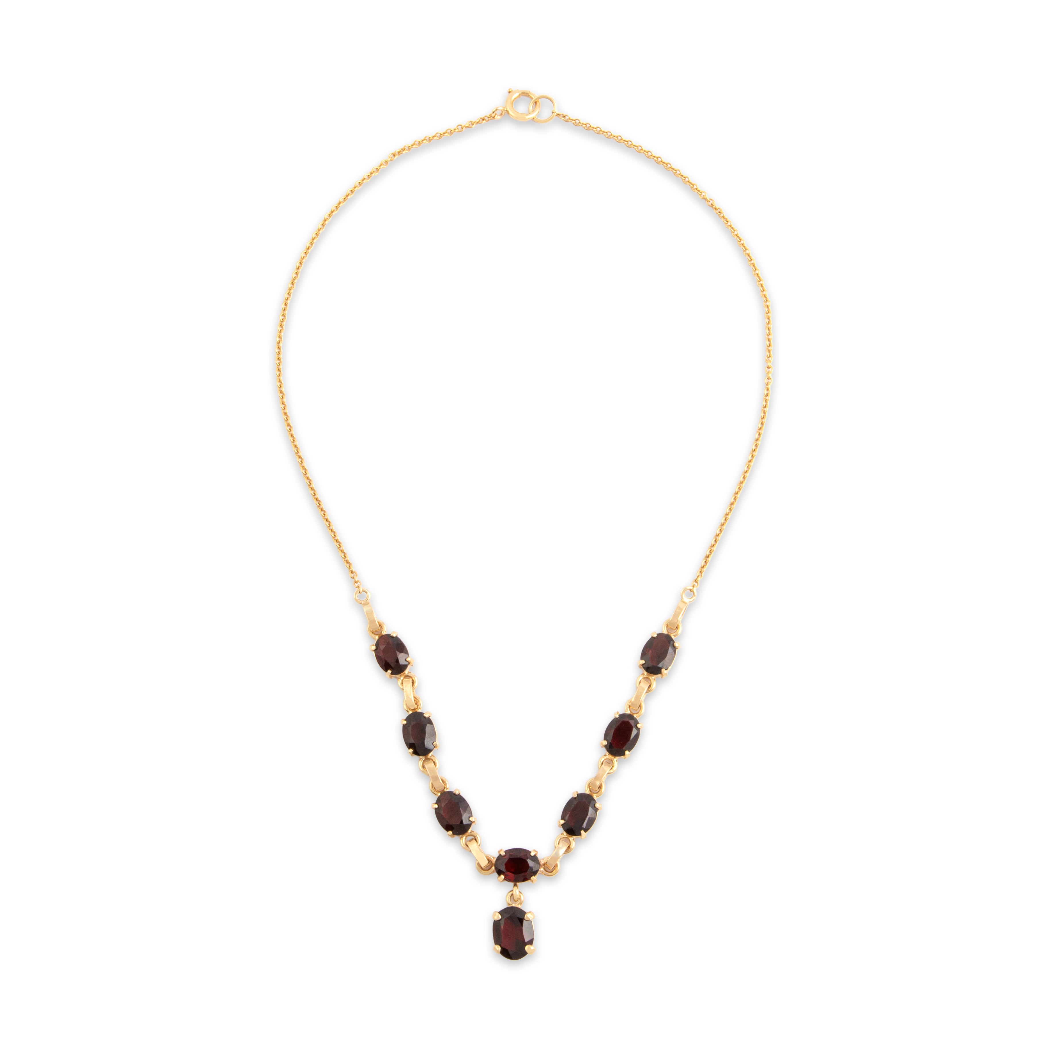 Vintage 14k Yellow Gold 10.16cttw Garnet Dramatic Oval Dangle Necklace - Overall view
