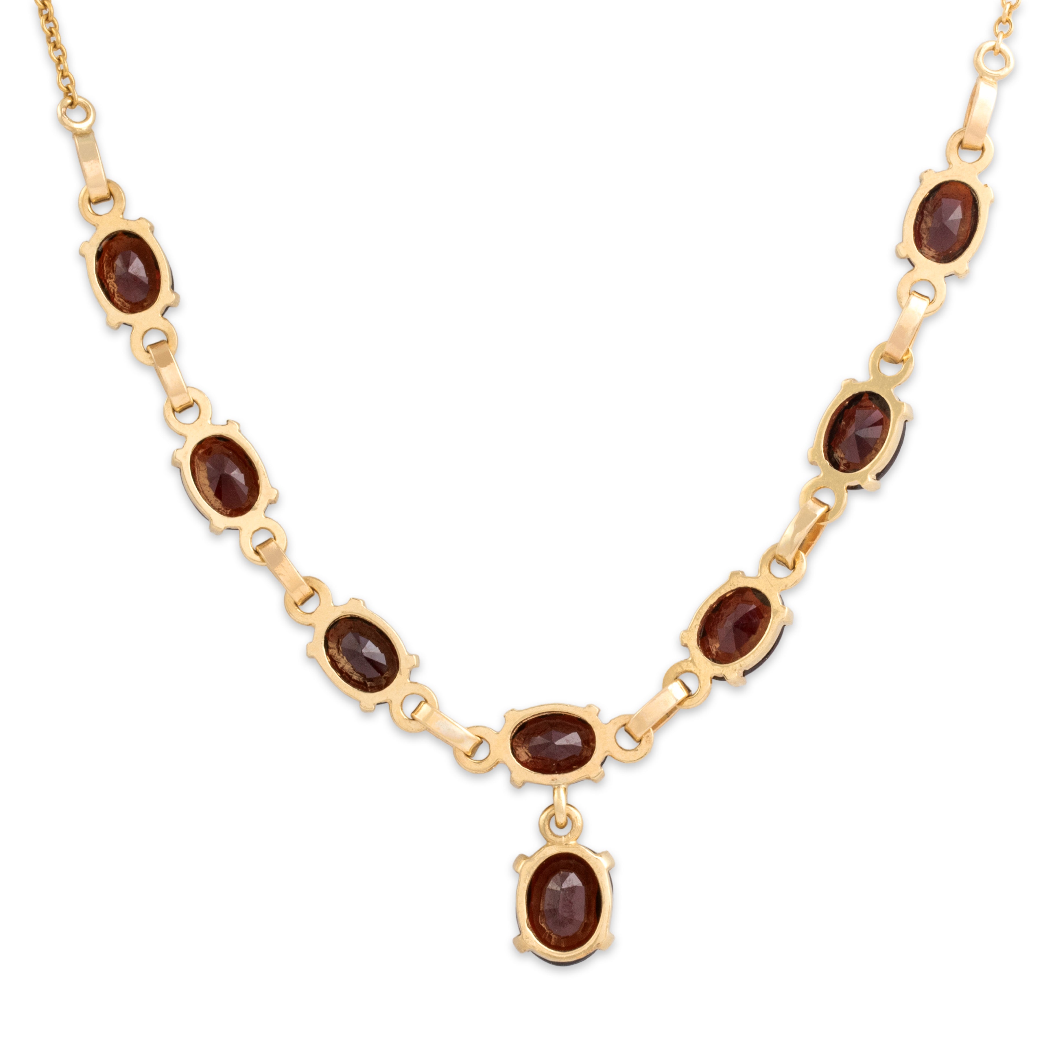 Vintage 14k Yellow Gold 10.16cttw Garnet Dramatic Oval Dangle Necklace - Back view