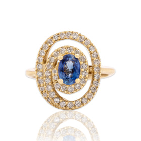 Vintage 14k Yellow Gold .69ct Blue Sapphire Diamond Swirling Oval Halo Ring 7.00