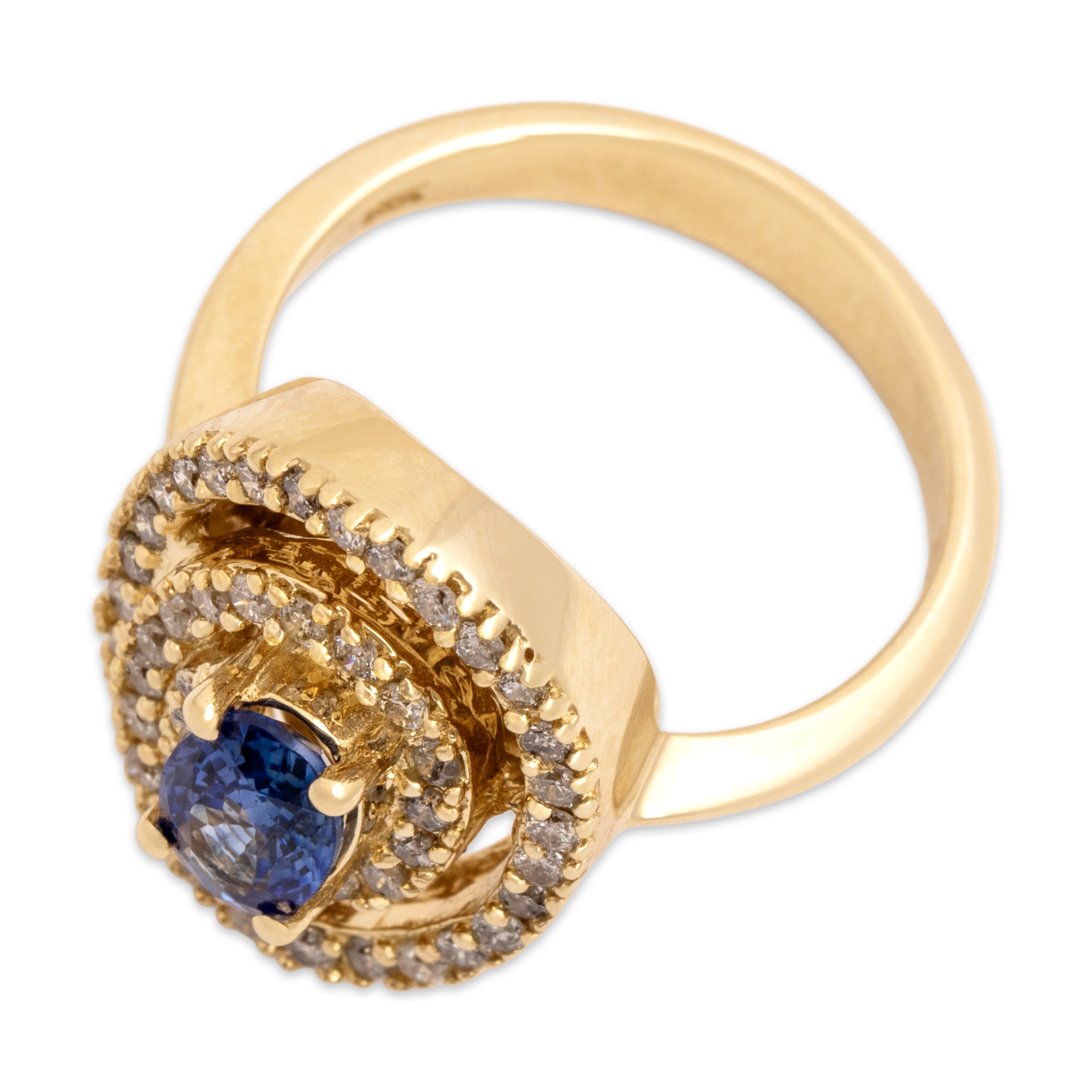 Vintage 14k Yellow Gold .69ct Blue Sapphire Diamond Dazzling Swirling Oval Halo Ring - Overall view