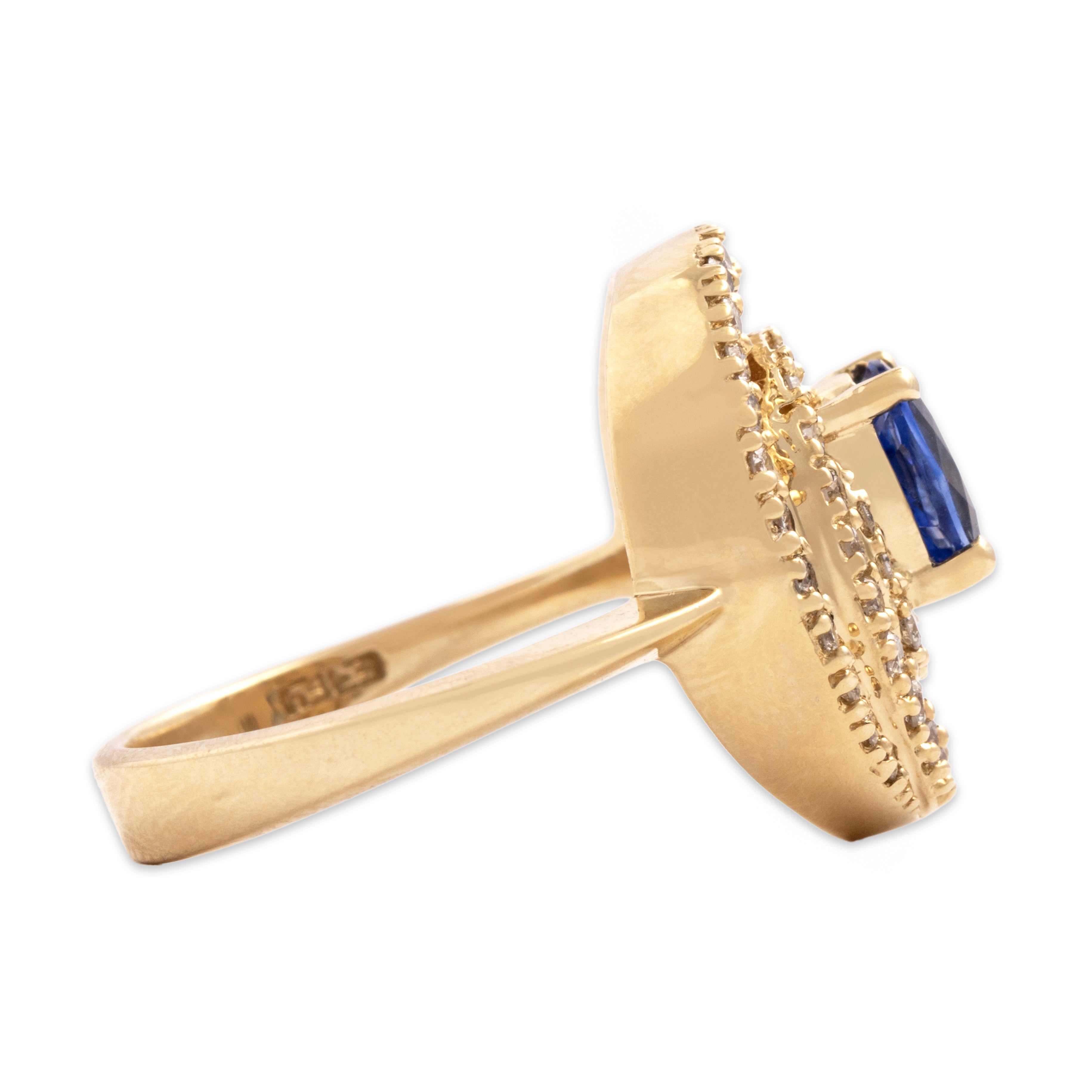 Vintage 14k Yellow Gold .69ct Blue Sapphire Diamond Dazzling Swirling Oval Halo Ring - Side view