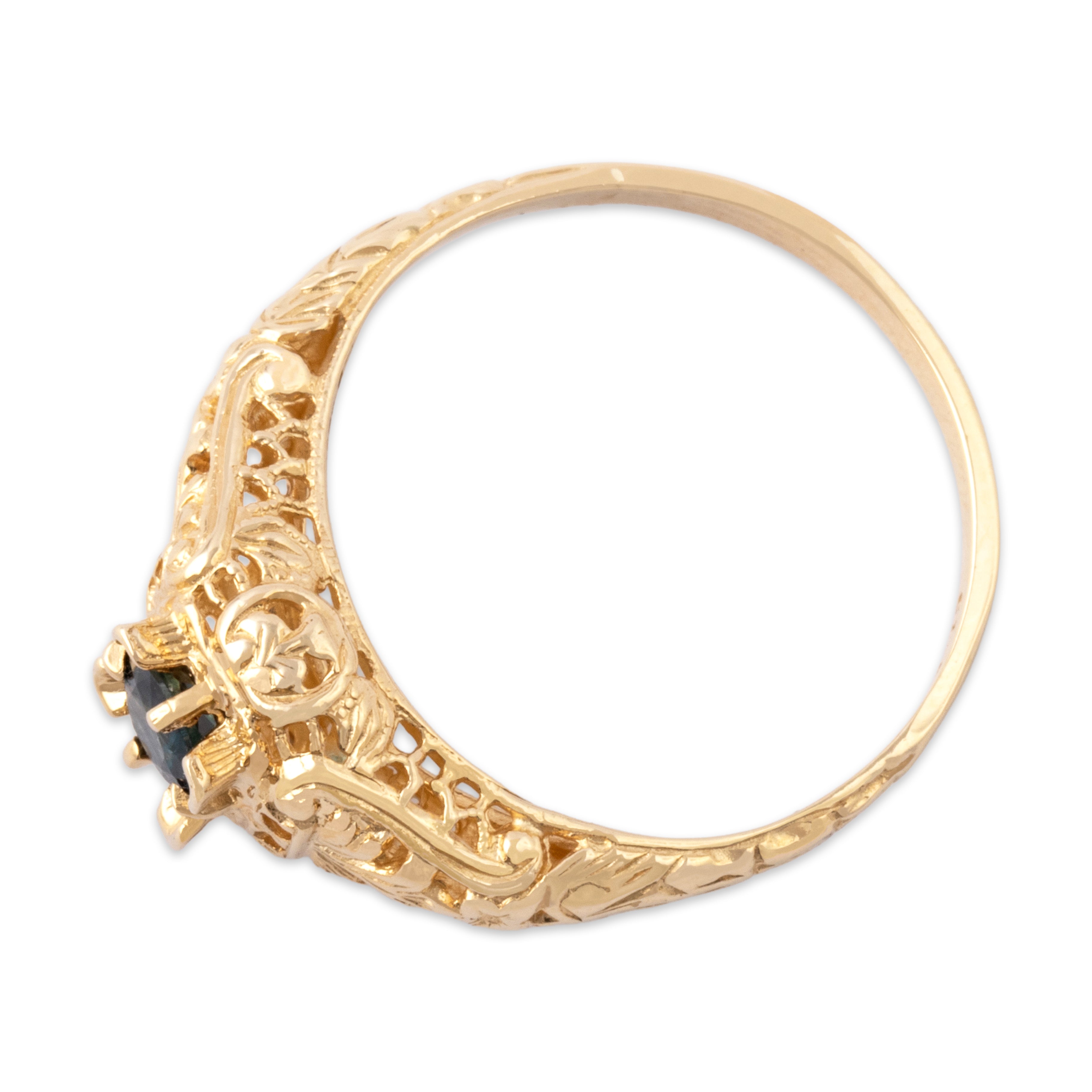 Vintage 14k Yellow Gold Blue Sapphire Detailed Openwork Shoulder Ring 7.75