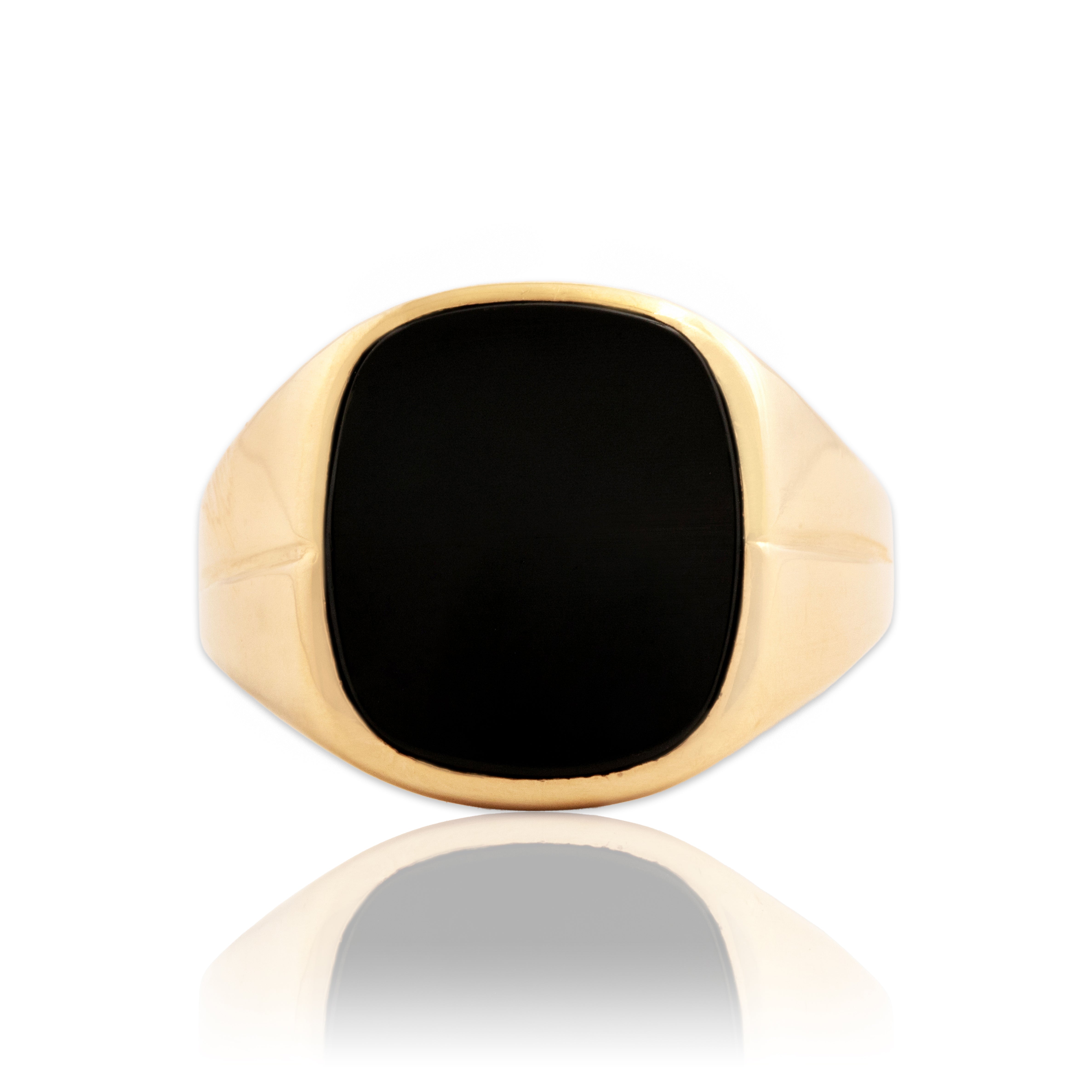 Vintage Large 10k Yellow Gold 4.02ct Onyx Bold Accented Shoulder Signet Ring - Close-up view
