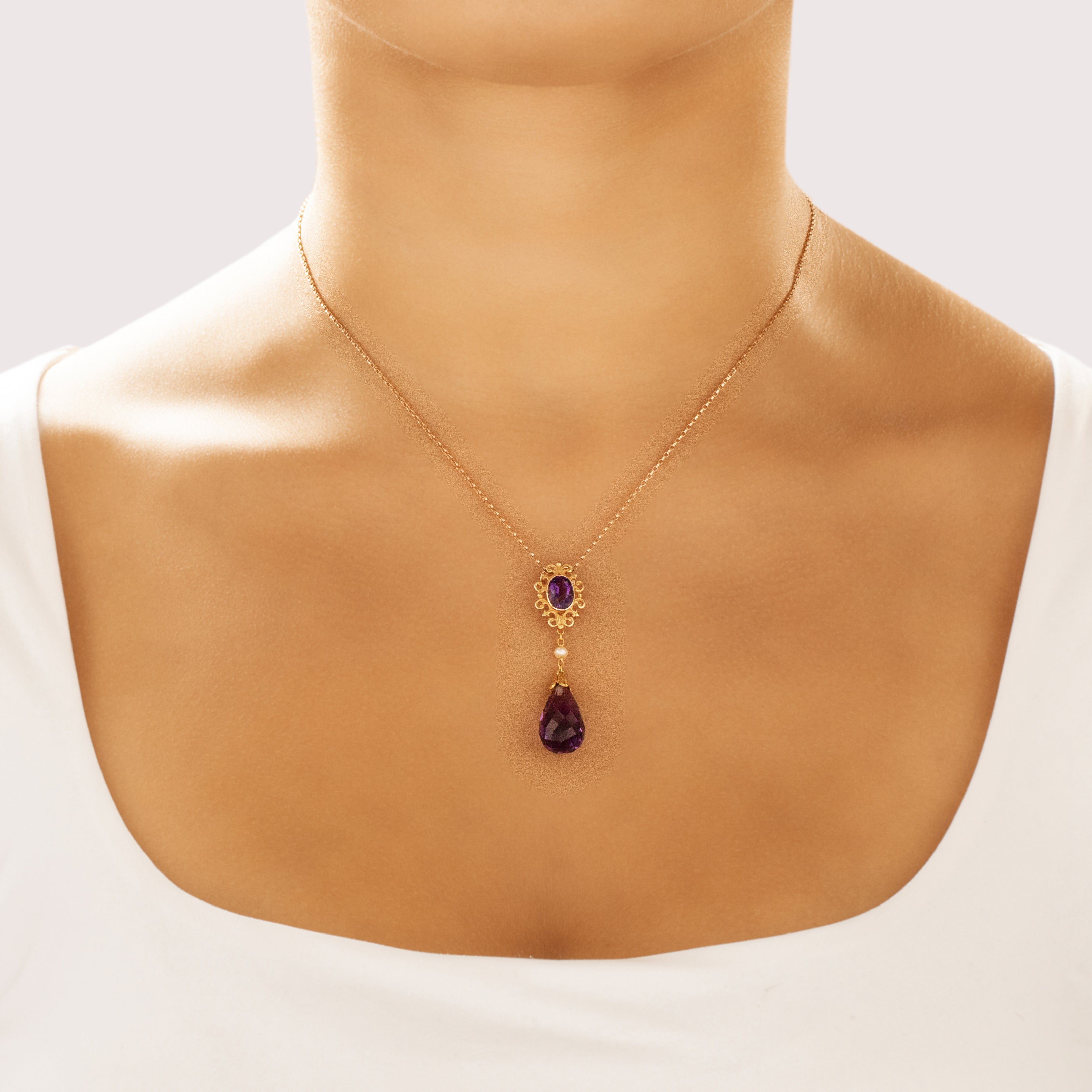 Vintage 14k Yellow Gold 11.08cttw Amethyst Seed Pearl Briolette Dangle Pendant