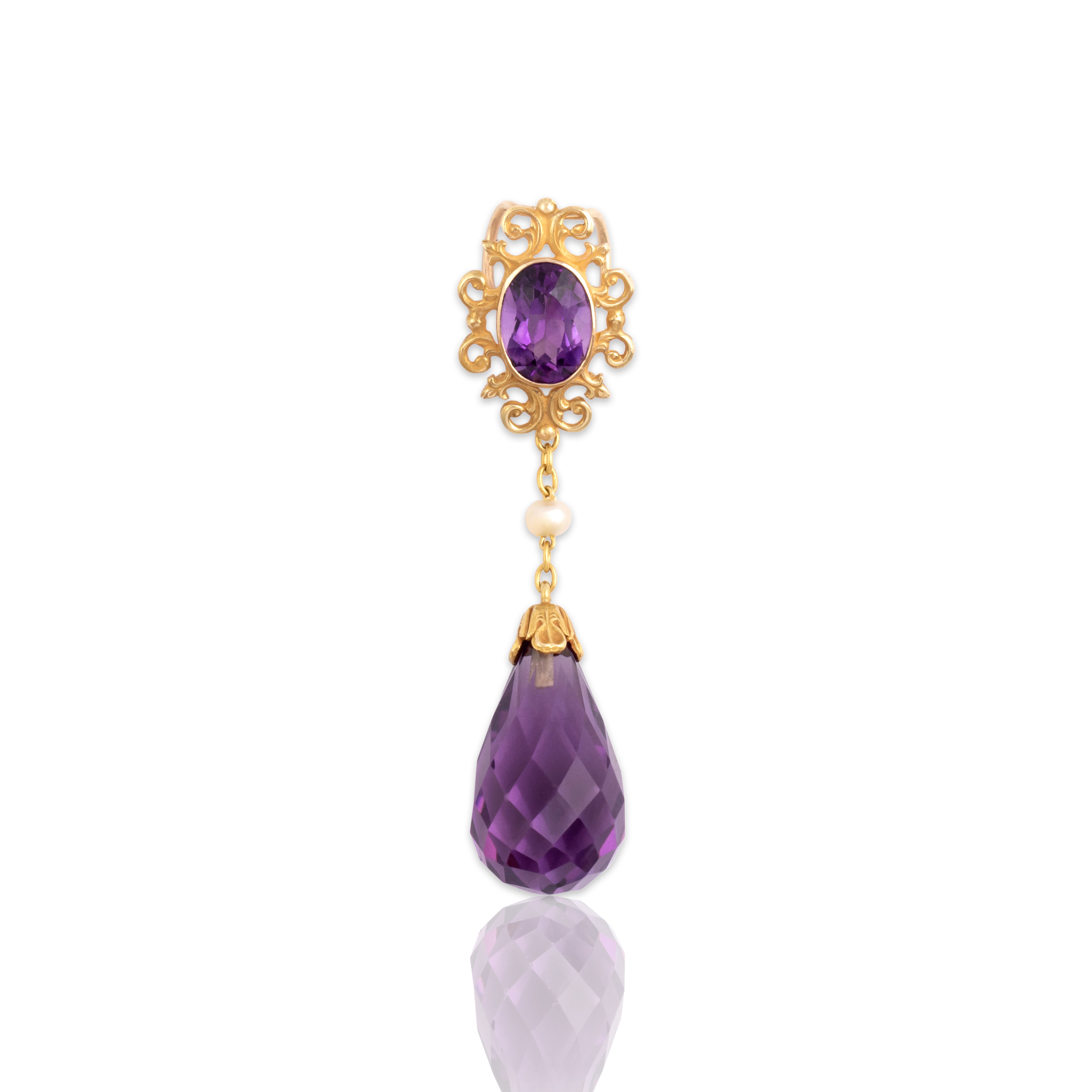 Vintage 14k Yellow Gold 11.08cttw Amethyst Seed Pearl Briolette Dangle Pendant