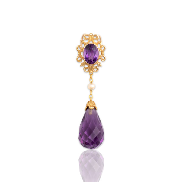 Vintage 14k Yellow Gold 11.08cttw Amethyst Seed Pearl Briolette Dangle Pendant