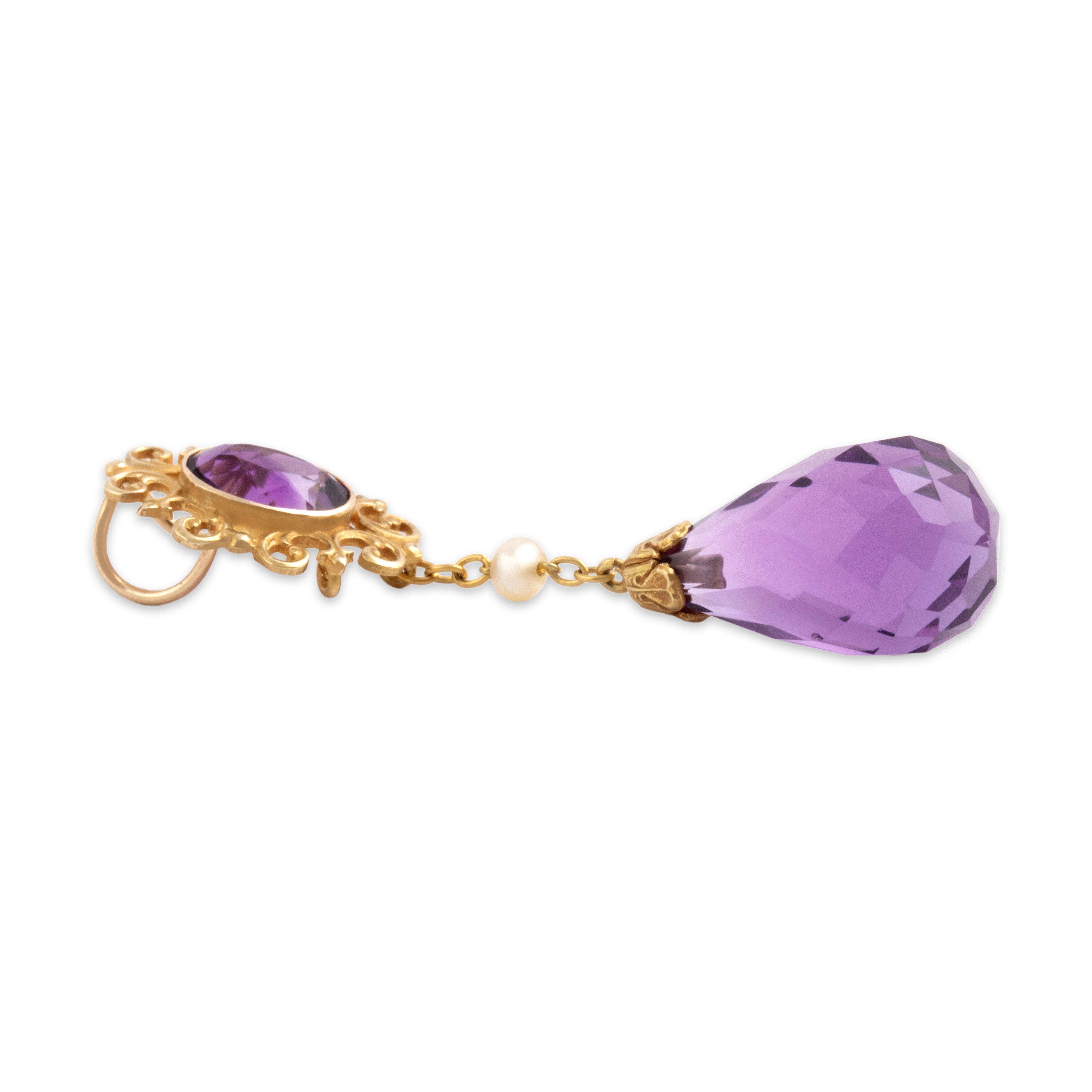 Vintage 14k Yellow Gold 11.08cttw Amethyst Seed Pearl Briolette Dangle Pendant