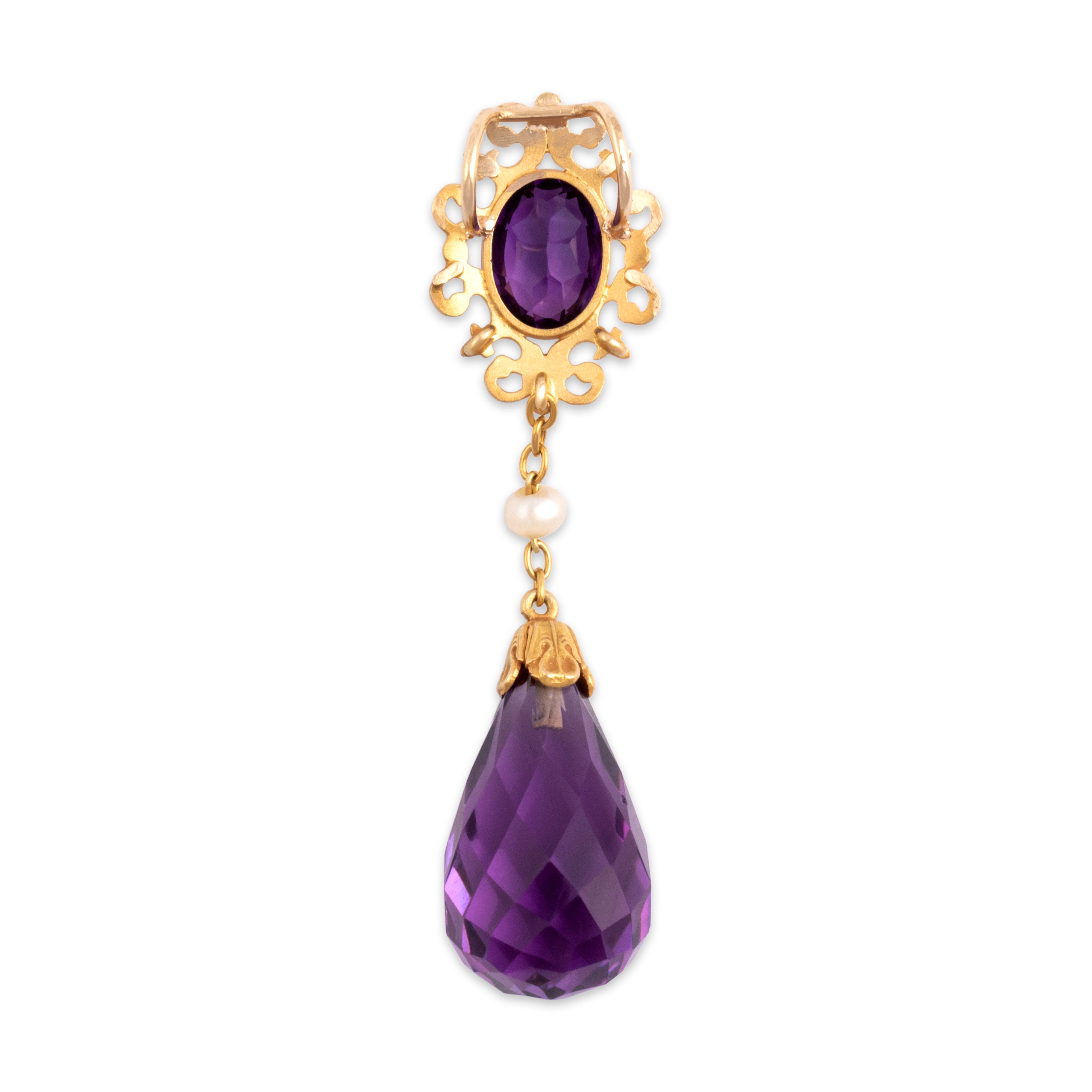 Vintage 14k Yellow Gold 11.08cttw Amethyst Seed Pearl Briolette Dangle Pendant