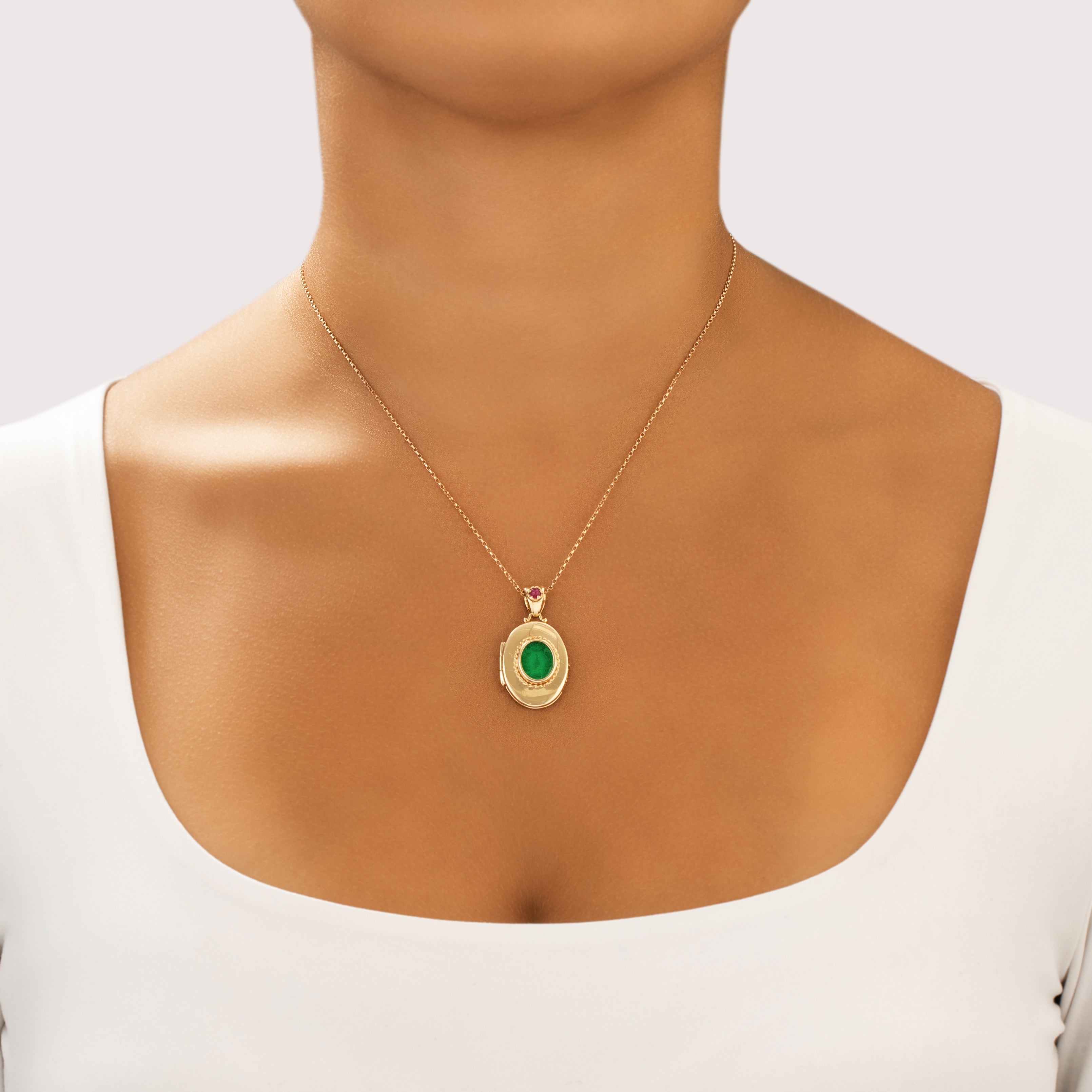 Vintage 14k Yellow Gold Green Glass Ruby Intaglio Dancing Cherup Locket Pendant - On model view