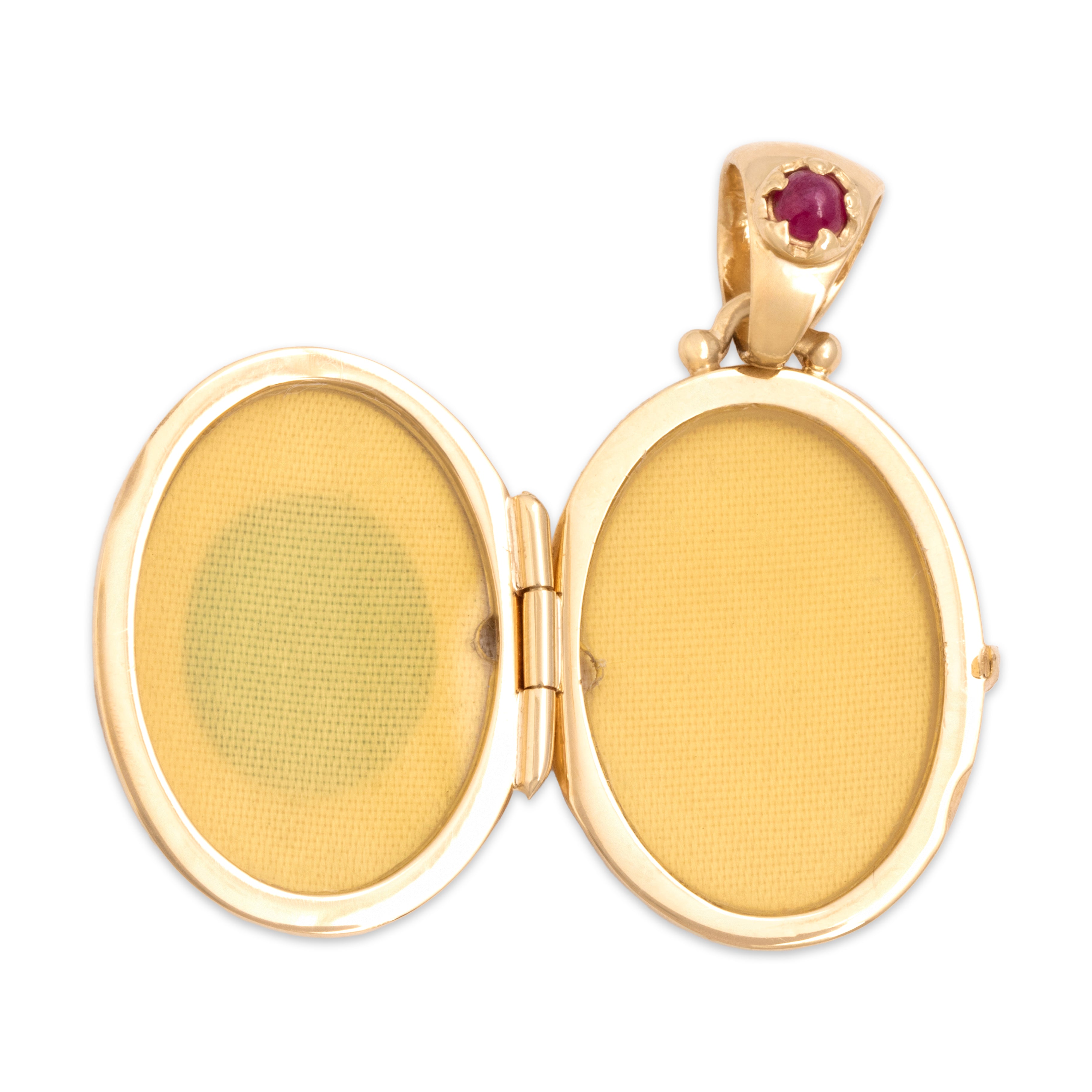 Vintage 14k Yellow Gold Green Glass Ruby Intaglio Dancing Cherup Locket Pendant - detail view #2