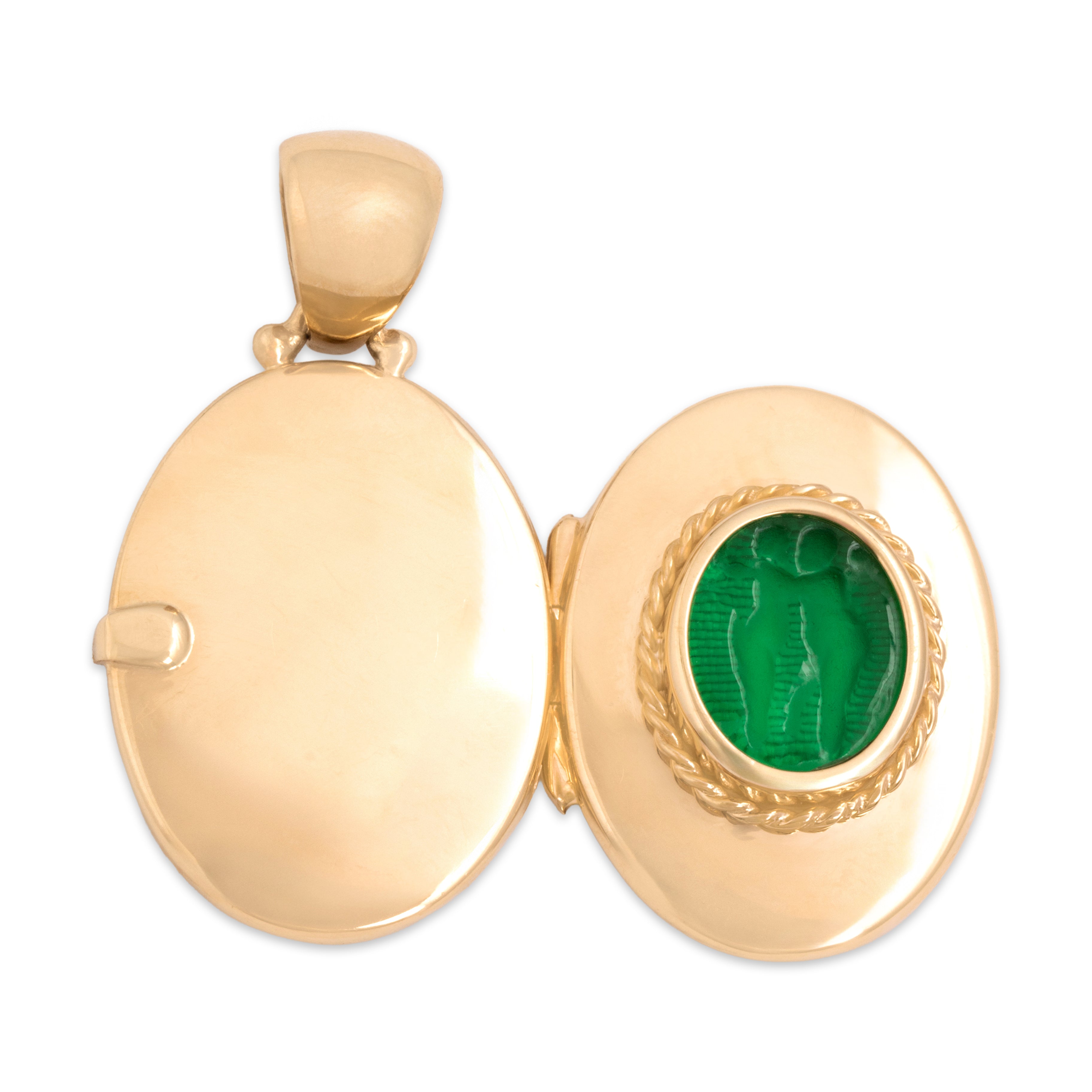 Vintage 14k Yellow Gold Green Glass Ruby Intaglio Dancing Cherup Locket Pendant - detail view #1