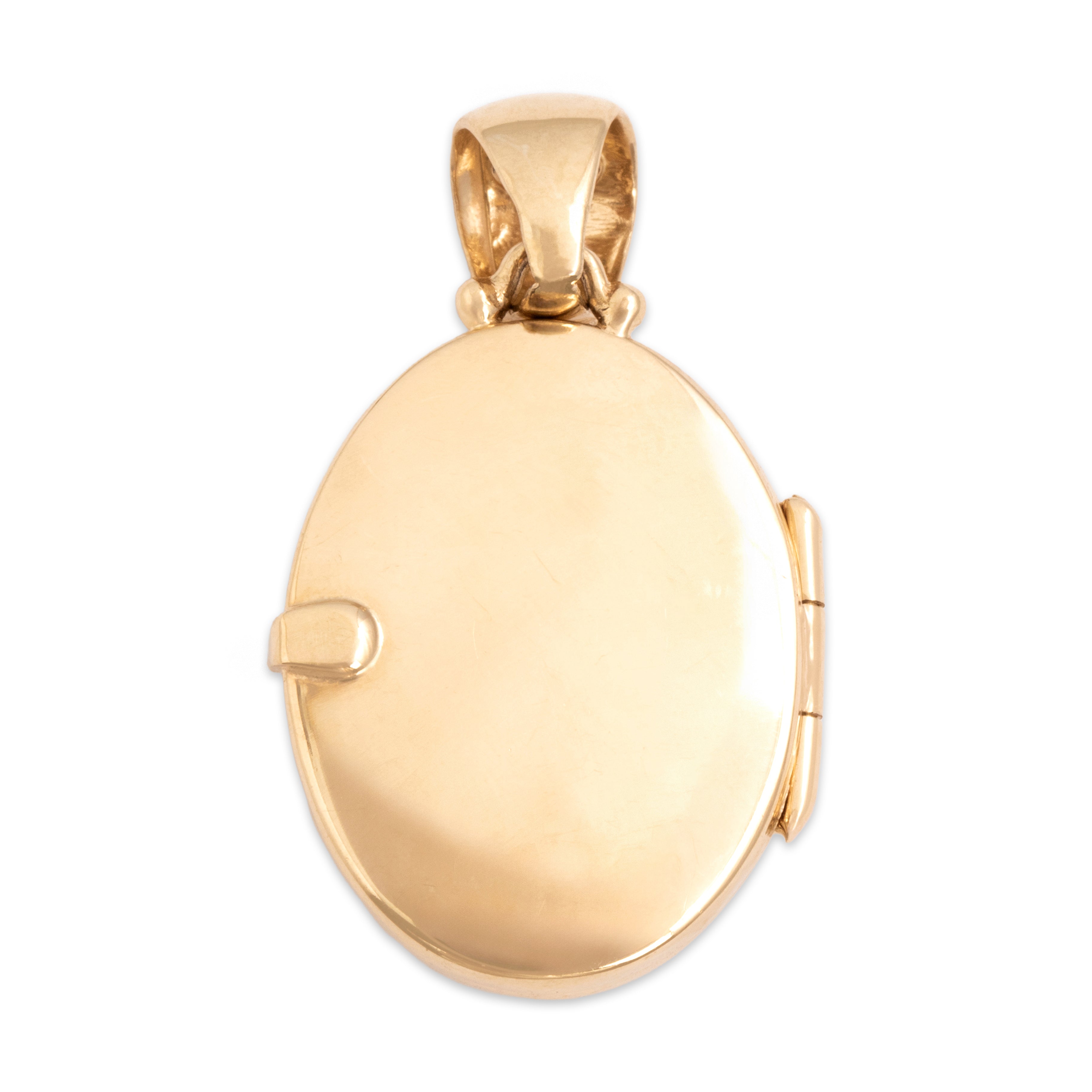 Vintage 14k Yellow Gold Green Glass Ruby Intaglio Dancing Cherup Locket Pendant - Back view