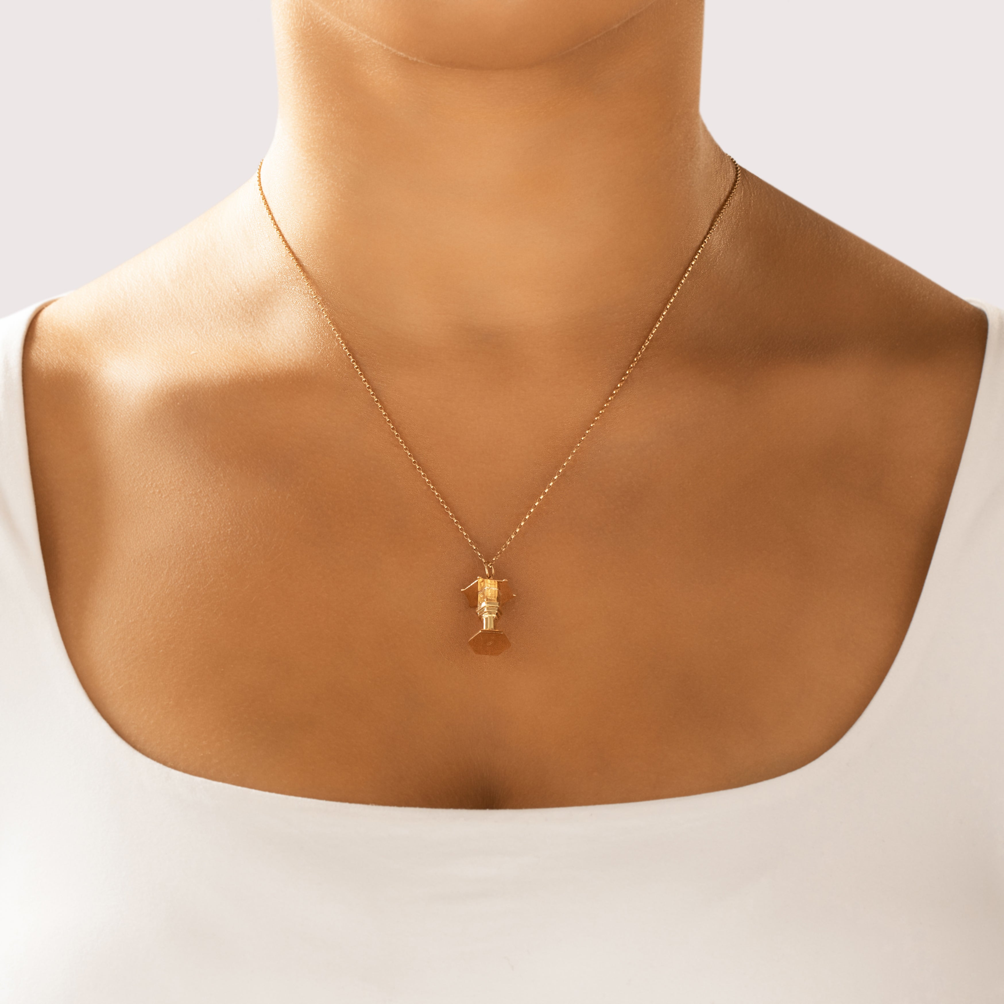 Vintage 14k Yellow Gold Dimensional Detailed Lantern Lamp Post Charm / Pendant - On model view