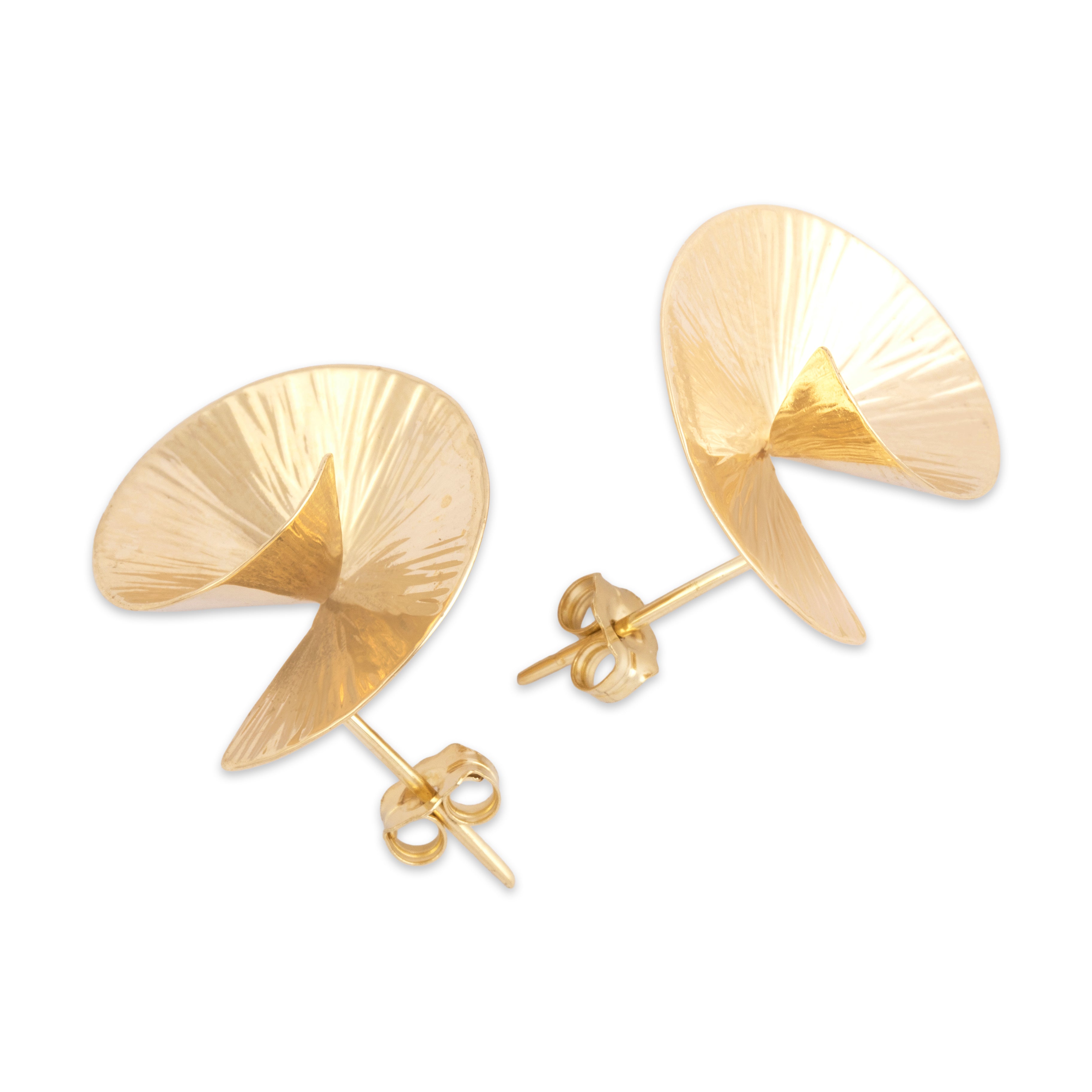 Vintage 14k Yellow Gold Sleek Textured Spiral Stud Earrings