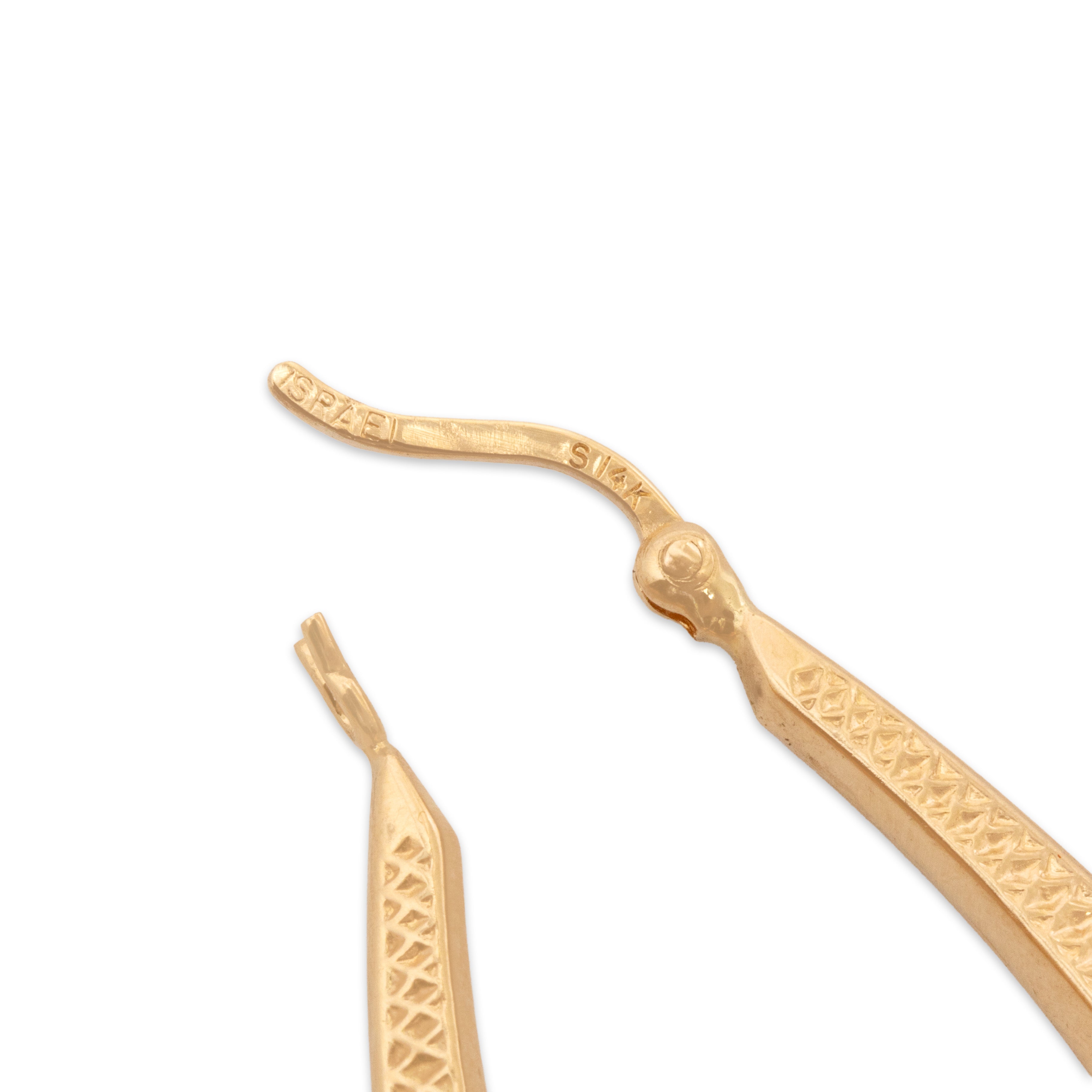 Vintage 14k Yellow Gold Triangular Textured Geometric Hoop Earrings - Hallmark view