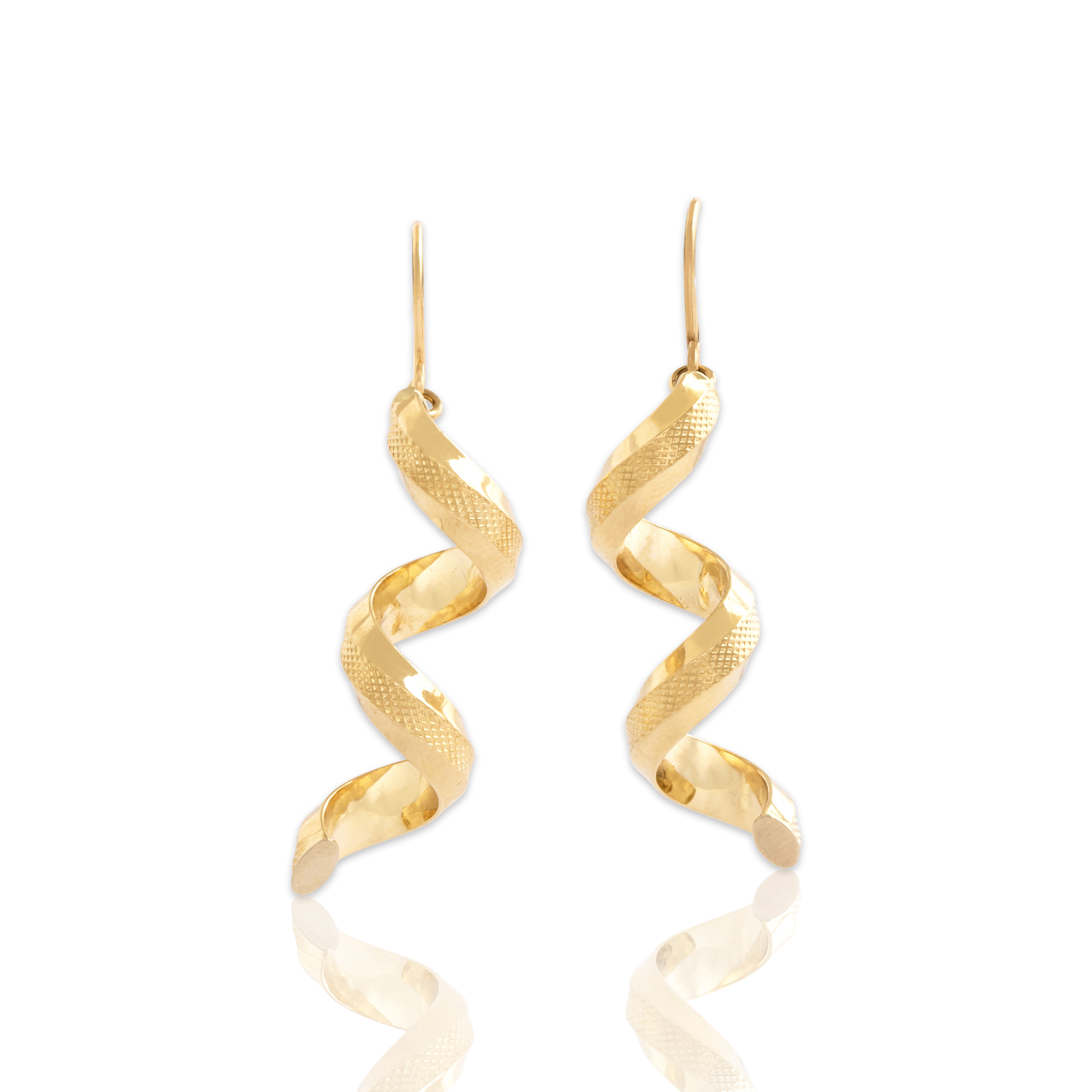 Vintage Italian 14k Yellow Gold Fantastic Textured Spiral Dangle Earrings