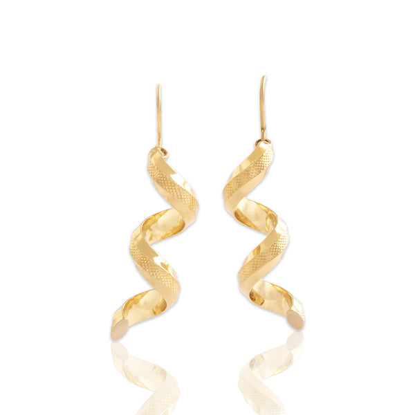 Vintage Italian 14k Yellow Gold Fantastic Textured Spiral Dangle Earrings