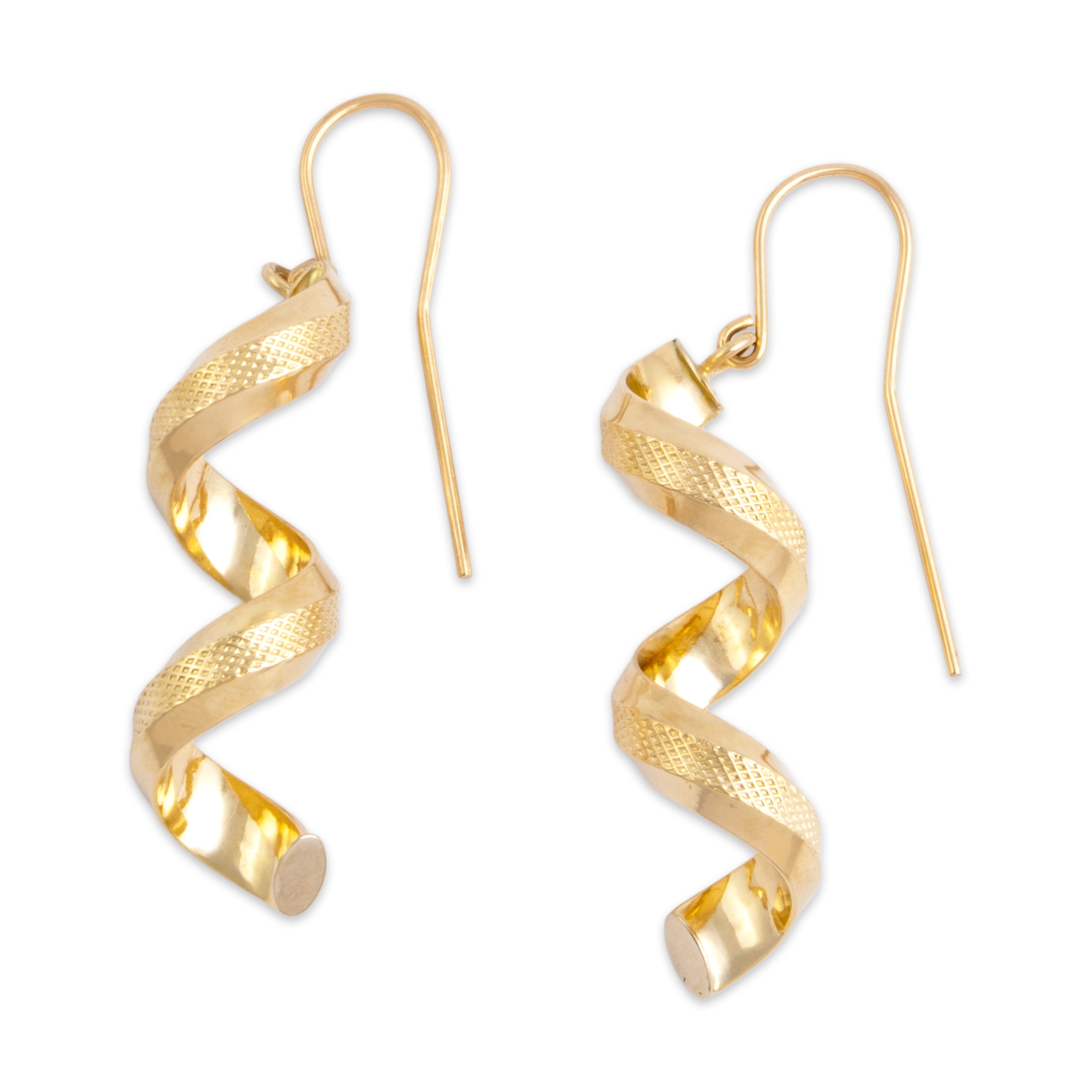 Vintage Italian 14k Yellow Gold Fantastic Textured Spiral Dangle Earrings