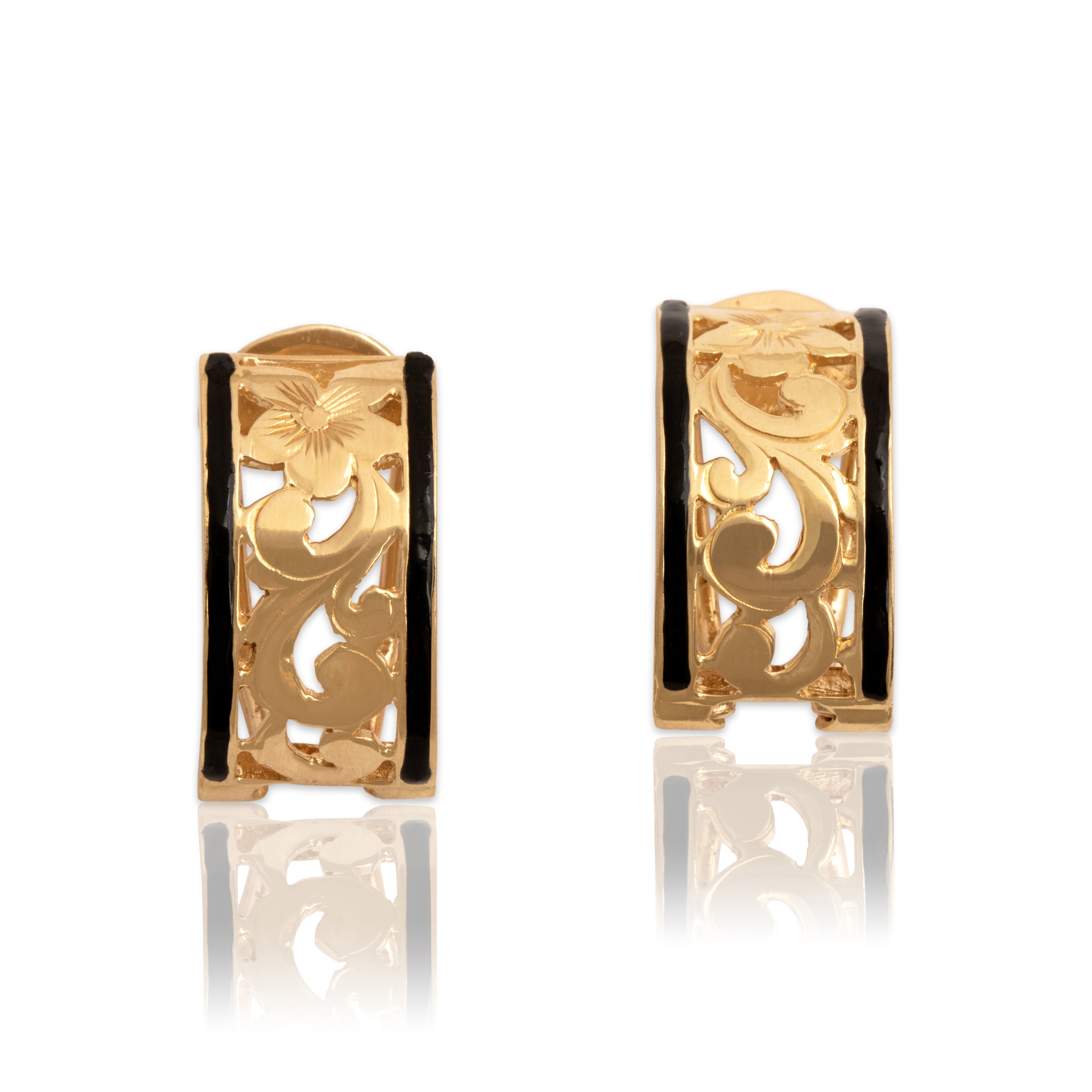 Vintage 14k Yellow Gold Black Enamel Floral Blossom Omega-Back Earrings - Close-up view