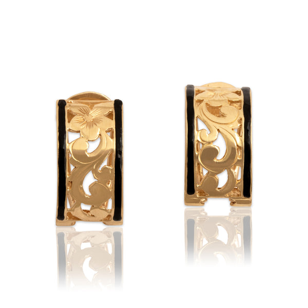 Vintage 14k Yellow Gold Black Enamel Floral Blossom Omega-Back Earrings