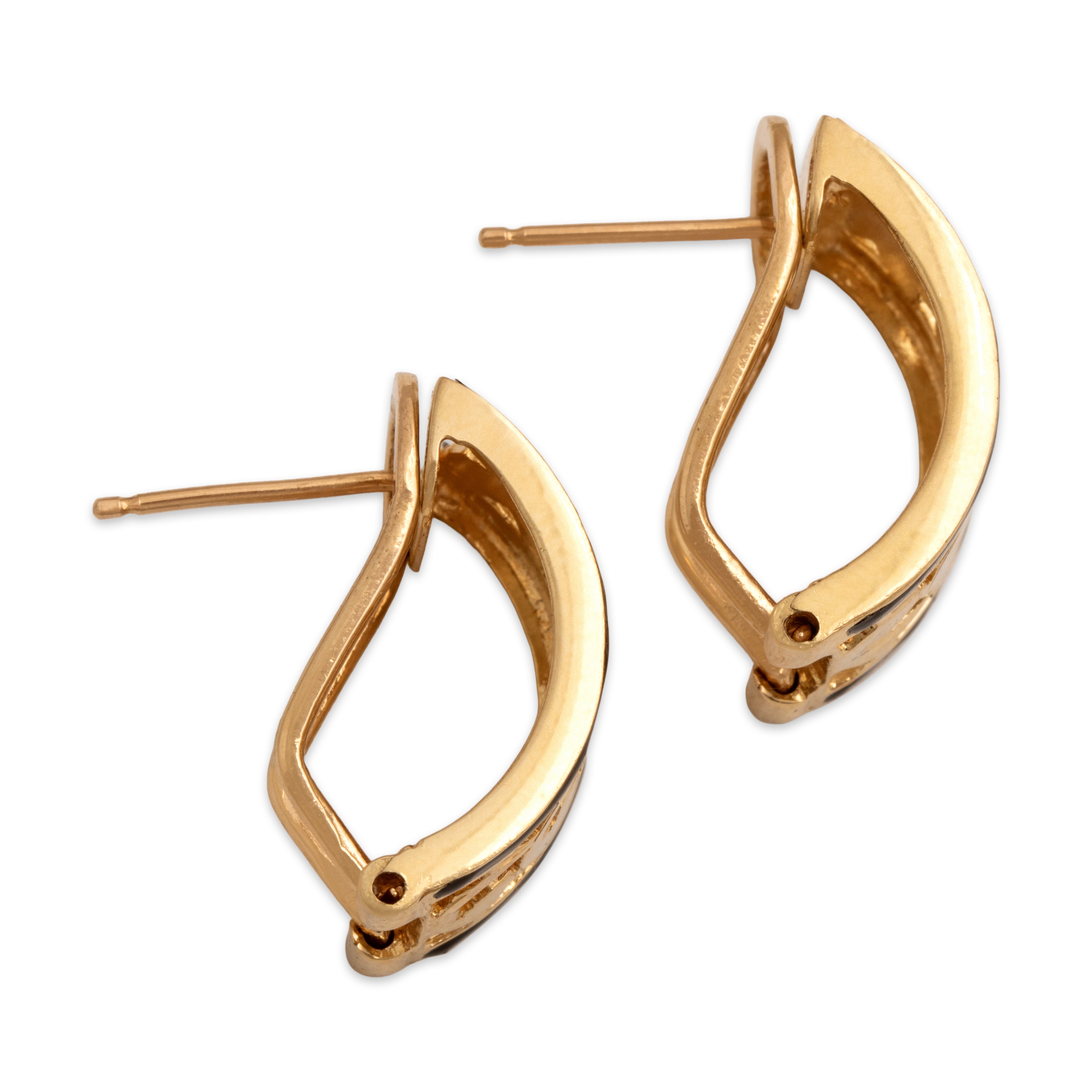 Vintage 14k Yellow Gold Black Enamel Floral Blossom Omega-Back Earrings - Side view