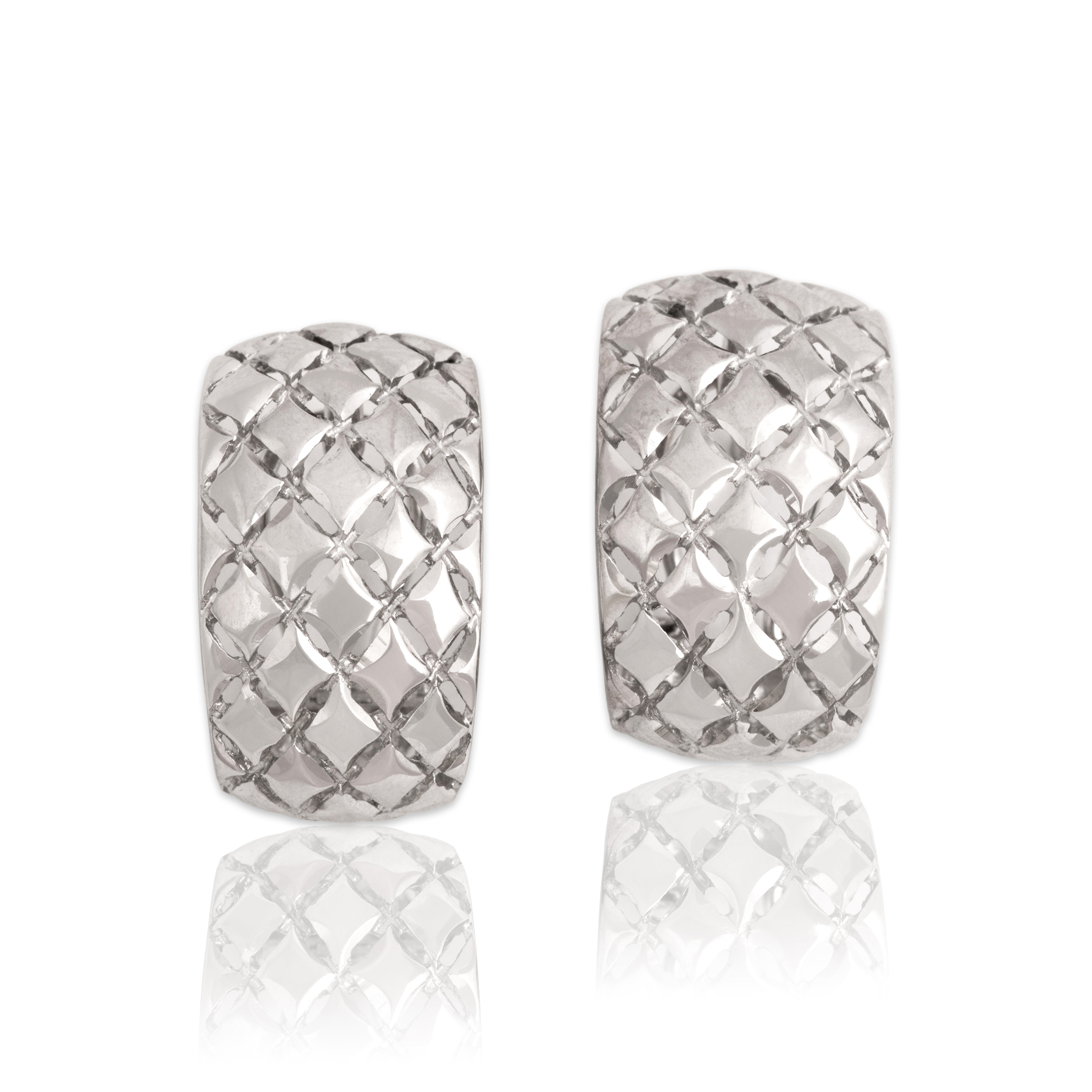 Vintage 14k White Gold Gleaming Quilted Omega-Back Earrings - Close-up view