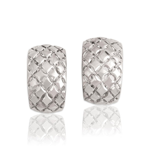 Vintage 14k White Gold Gleaming Quilted Omega-Back Earrings