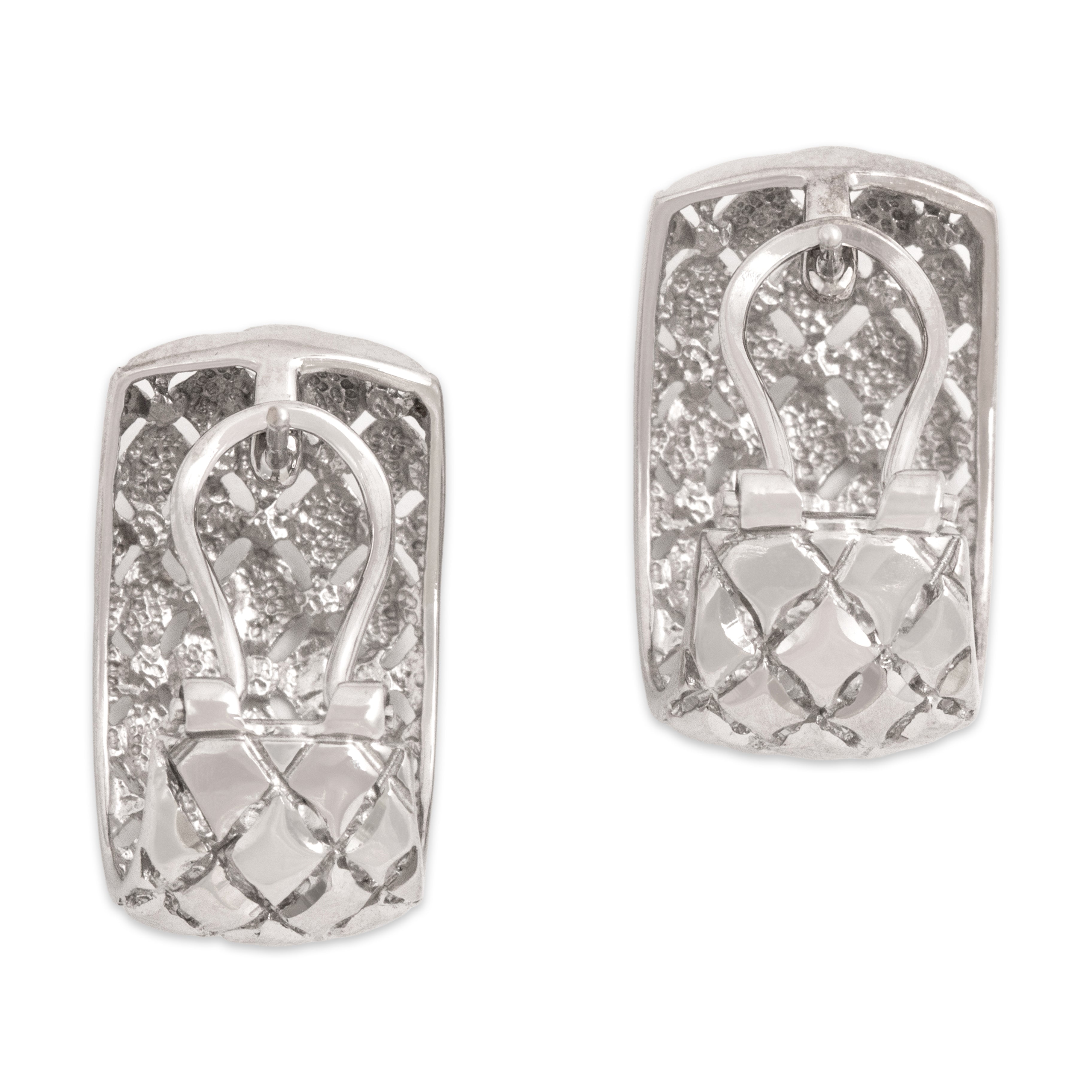 Vintage 14k White Gold Gleaming Quilted Omega-Back Earrings - Back view