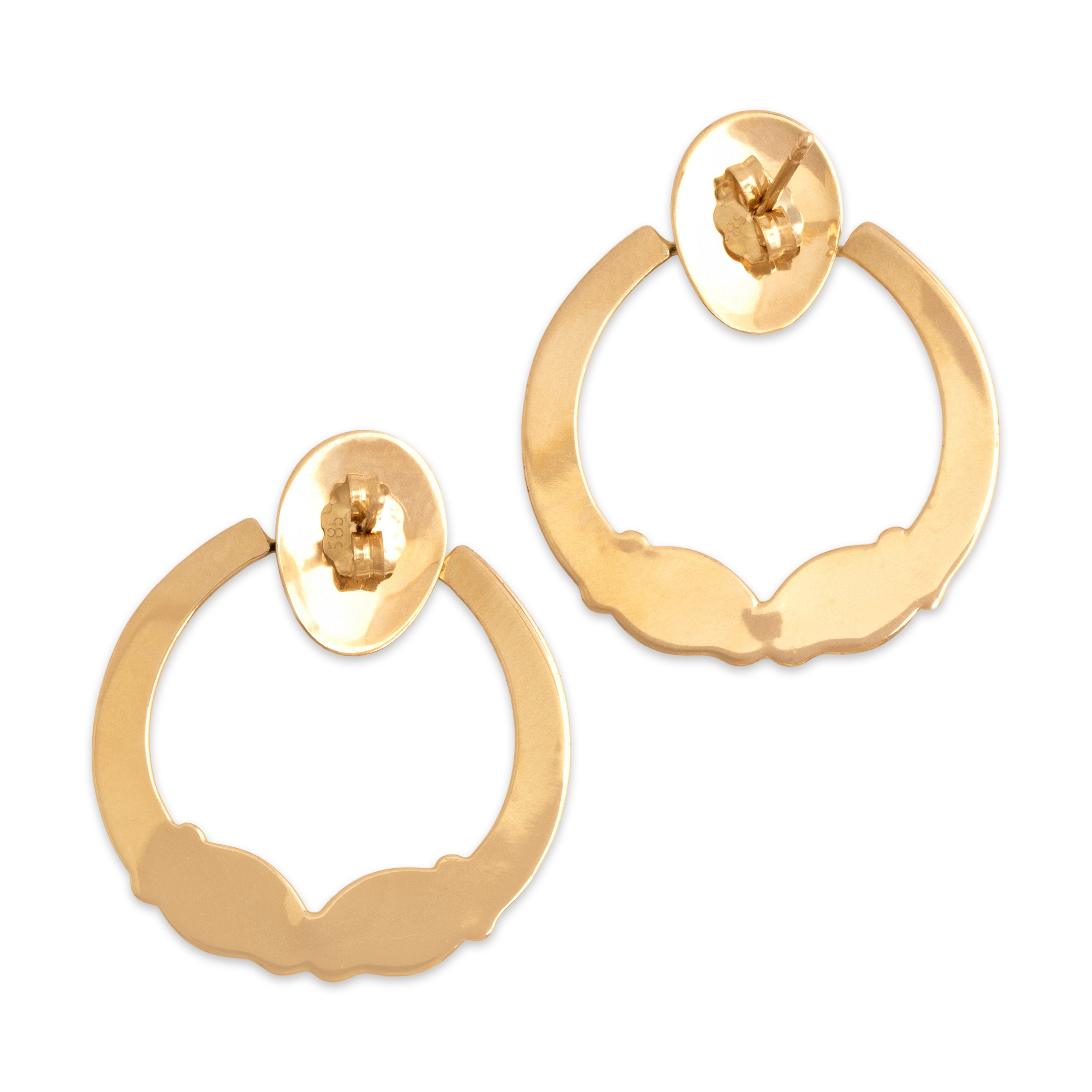 Vintage Lightweight 14k Yellow Gold Classical Ram Head Hoop Dangle Earrings - Back view