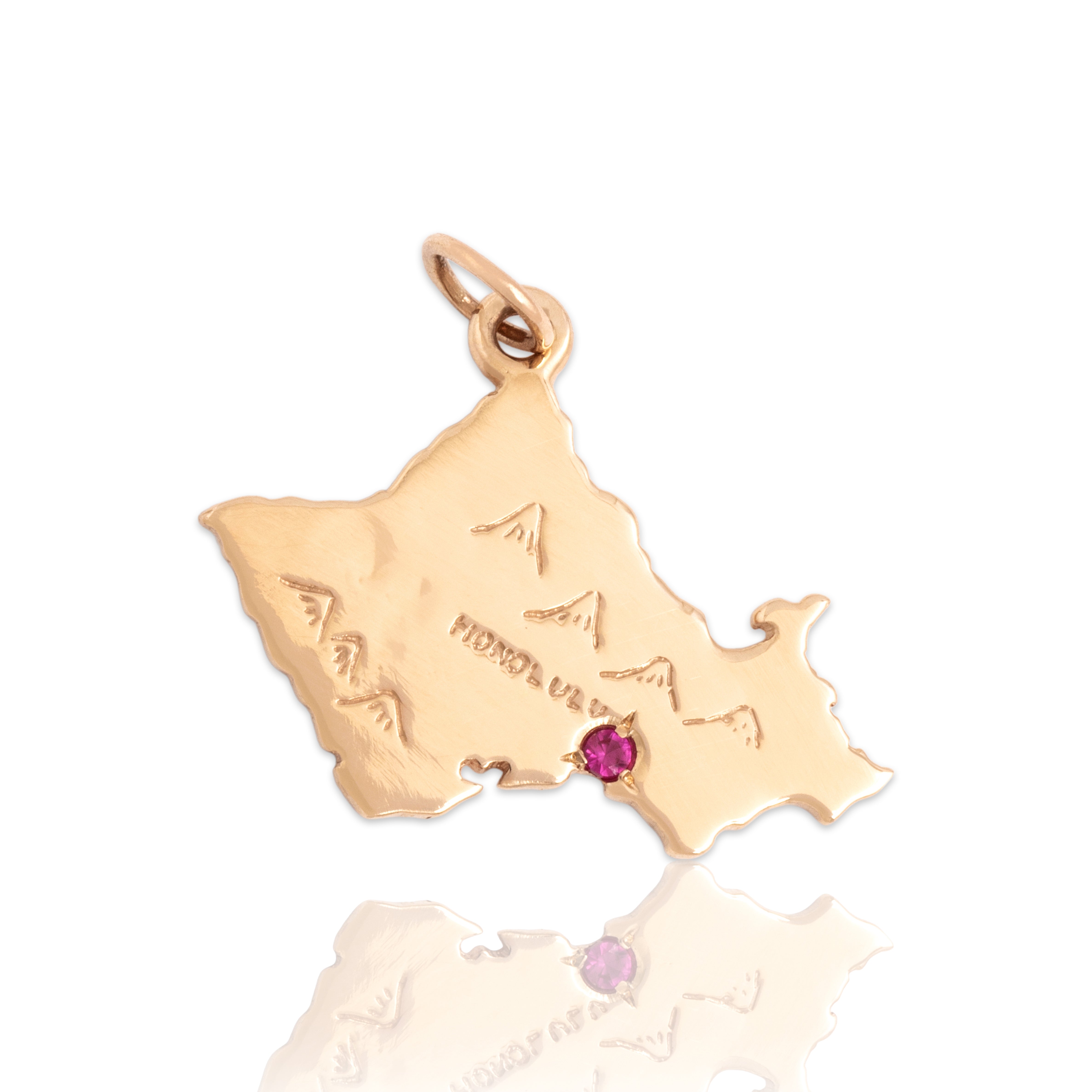 Vintage 14k Yellow Gold Synthetic Ruby Honolulu Oahu Map Charm / Pendant