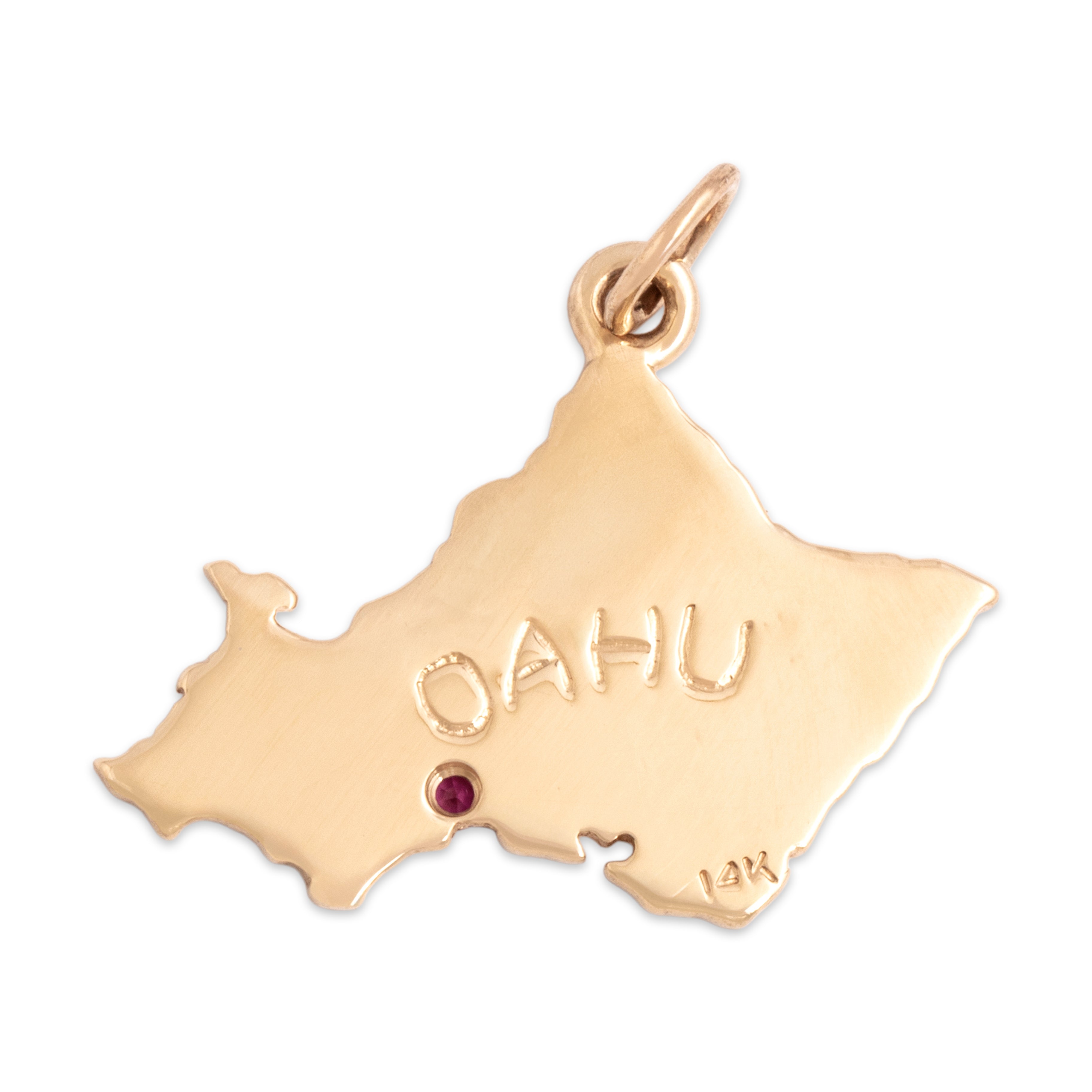 Vintage 14k Yellow Gold Synthetic Ruby Honolulu Oahu Map Charm / Pendant