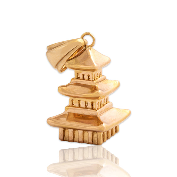 Vintage Italian 14k Rosy Yellow Gold Adorable Dimensional Pagoda Pendant