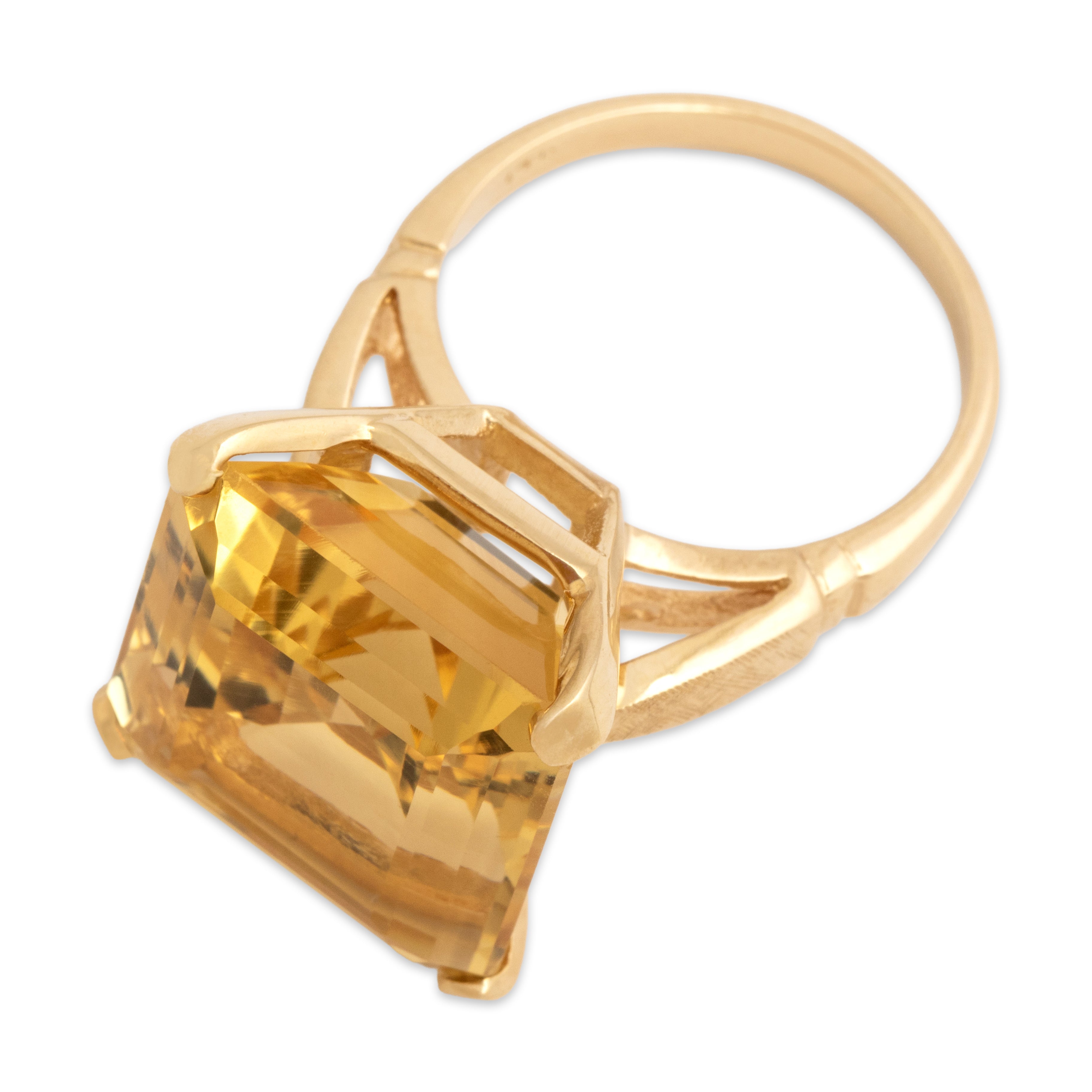 Vintage 14k Yellow Gold 16.28ct Citrine Striking Tall Etched Shoulder Cocktail Ring - Overall view
