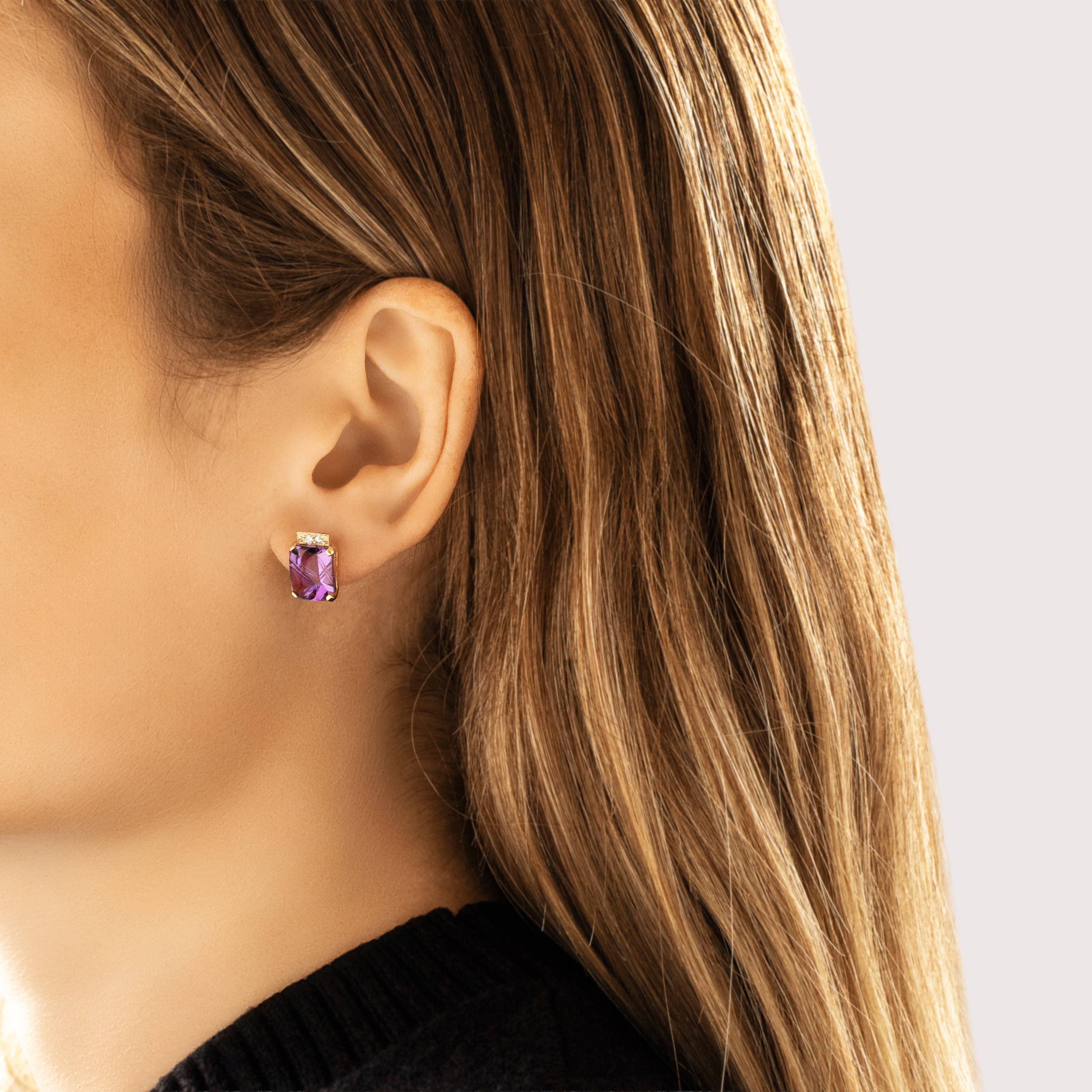 Vintage 14k Yellow Gold 8.0cttw Amethyst Diamond Modern Fancy-Cut Stud Earrings - On model view