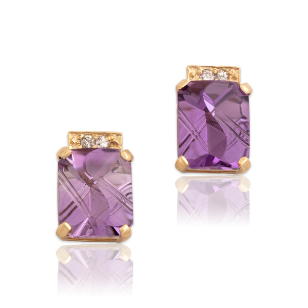Vintage 14k Yellow Gold 8.0cttw Amethyst Diamond Modern Fancy-Cut Stud Earrings