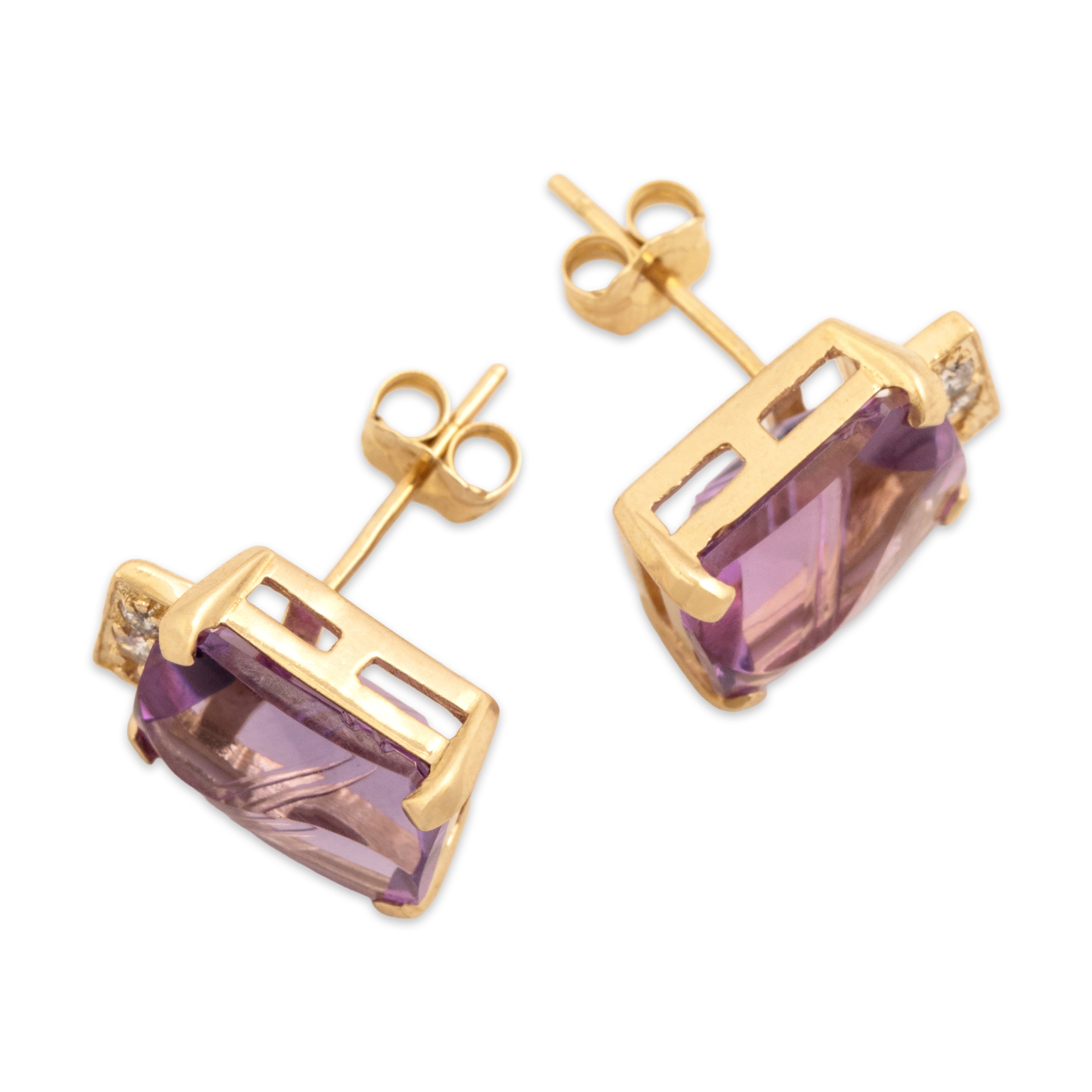 Vintage 14k Yellow Gold 8.0cttw Amethyst Diamond Modern Fancy-Cut Stud Earrings - Side view