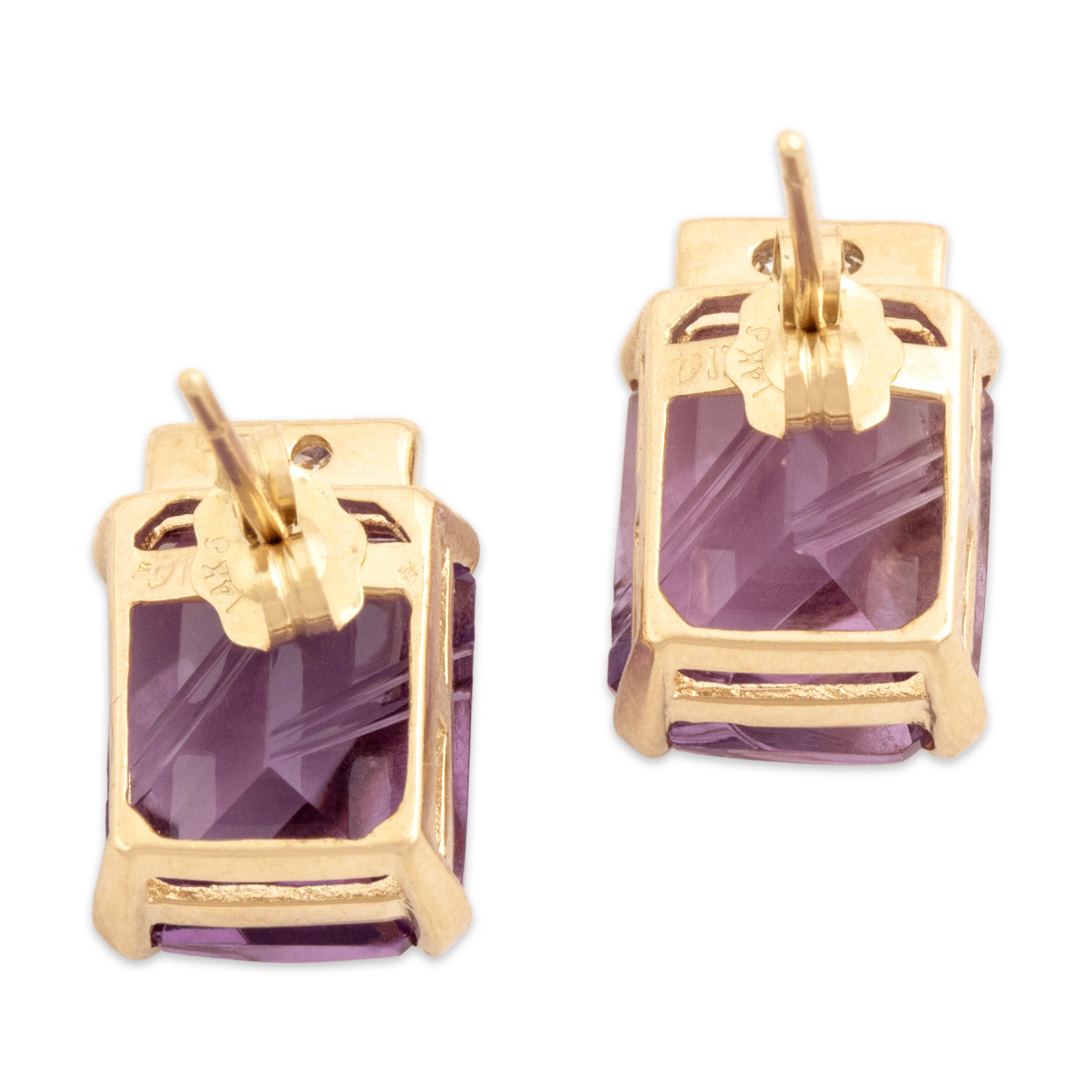 Vintage 14k Yellow Gold 8.0cttw Amethyst Diamond Modern Fancy-Cut Stud Earrings - Back view