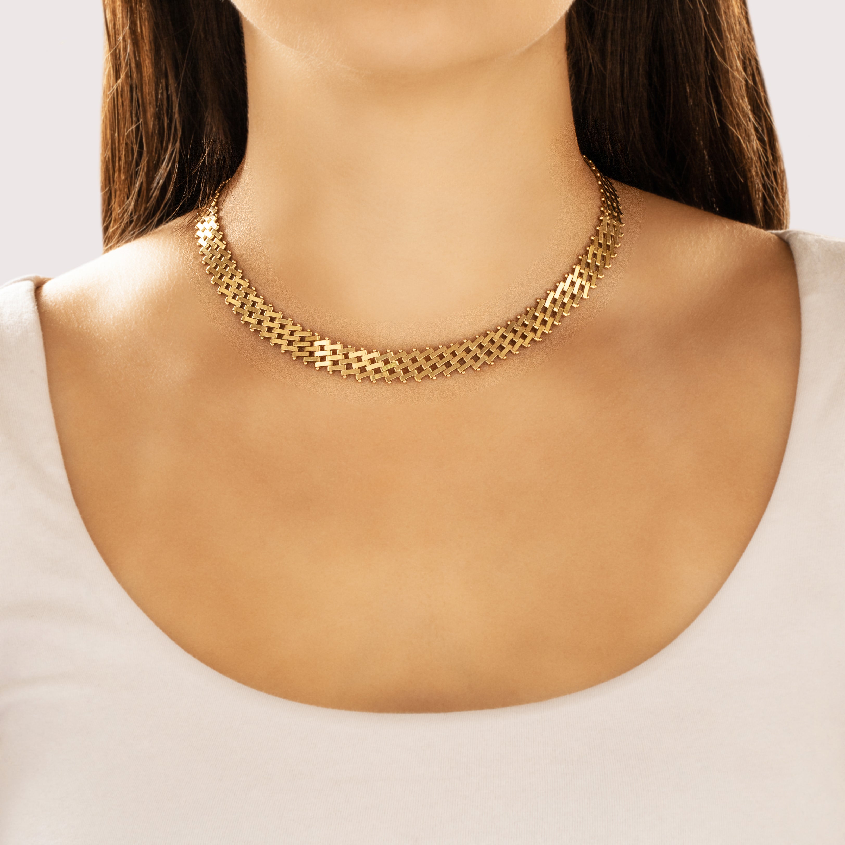 Vintage Substantial Italian 14k Yellow Gold Lattice-Link Collar Necklace 16.25