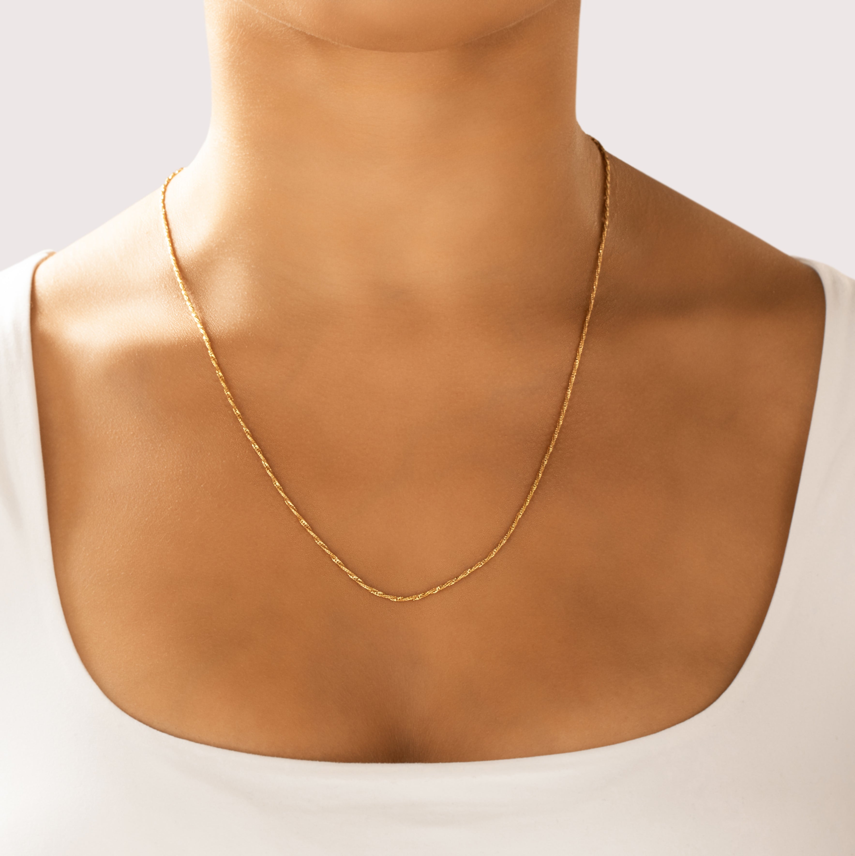 Vintage Italian 14k Yellow Gold 1.3mm Glittering Twisting Spiral Chain - On model view