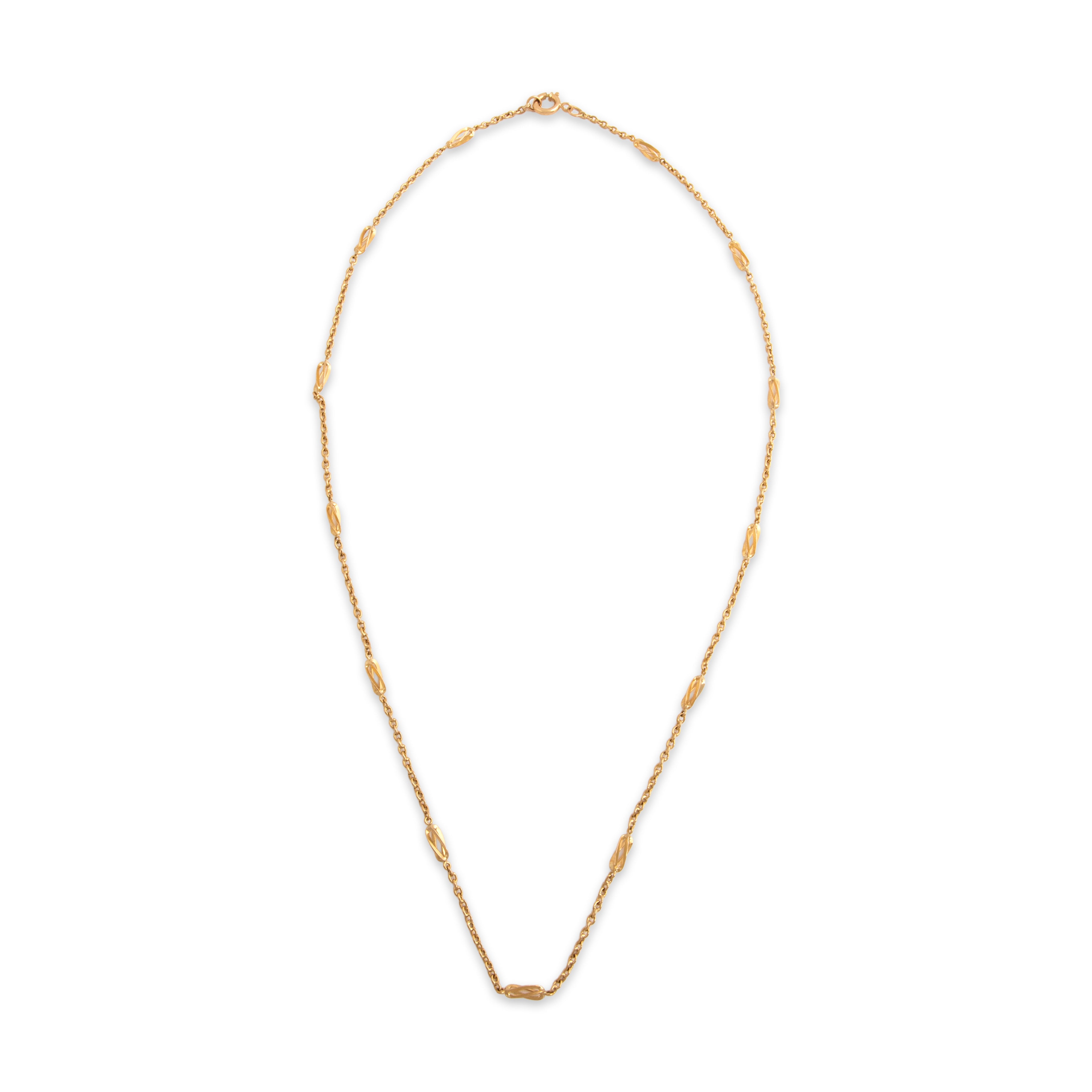 Vintage Portuguese 19k Rosy Yellow Gold Elegant Cable Chain Swirling Station Necklace - Overall view