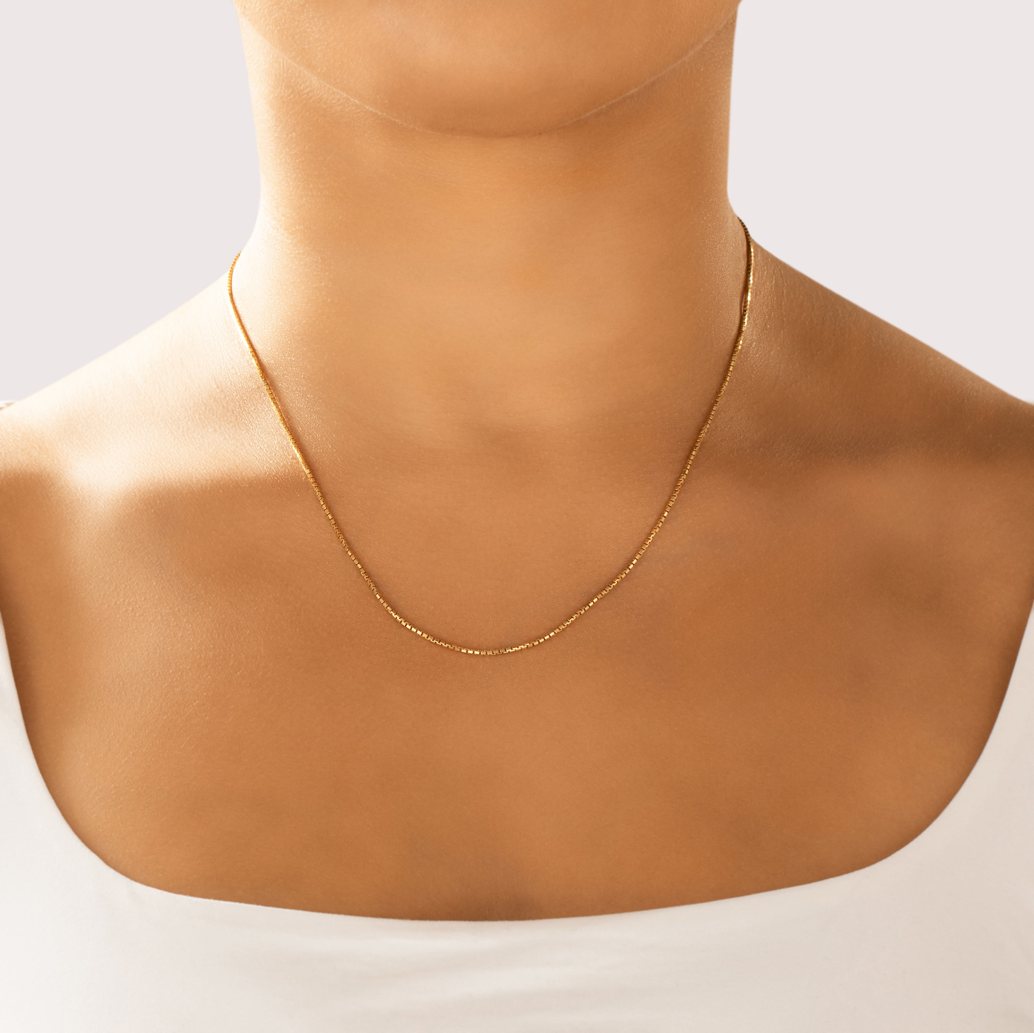 Vintage Italian 14k Yellow Gold 1.2mm Sleek Box Chain - On model view