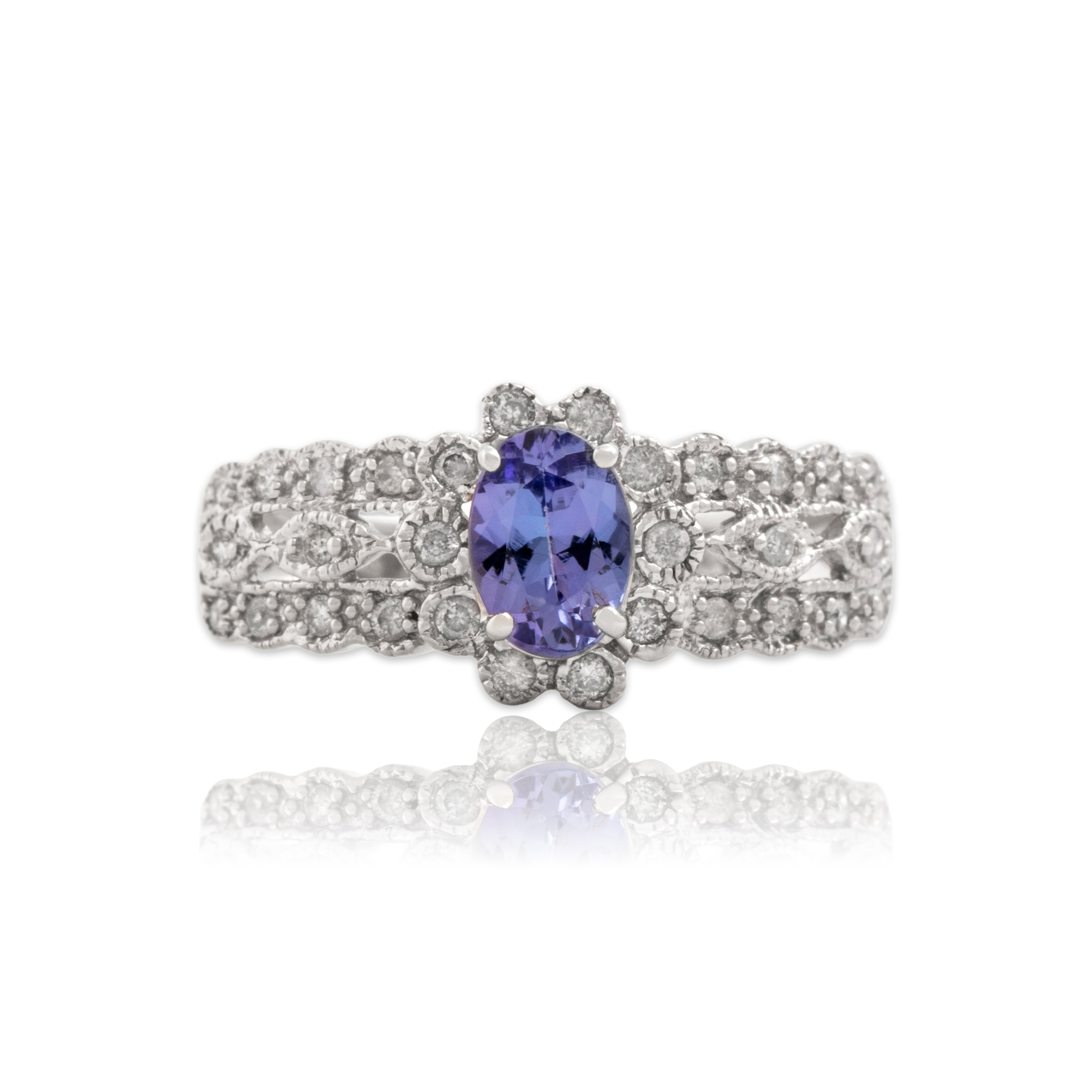 Vintage Chinese 14k White Gold .6ct Tanzanite Diamond Romantic Milgrain Halo Ring - Close-up view
