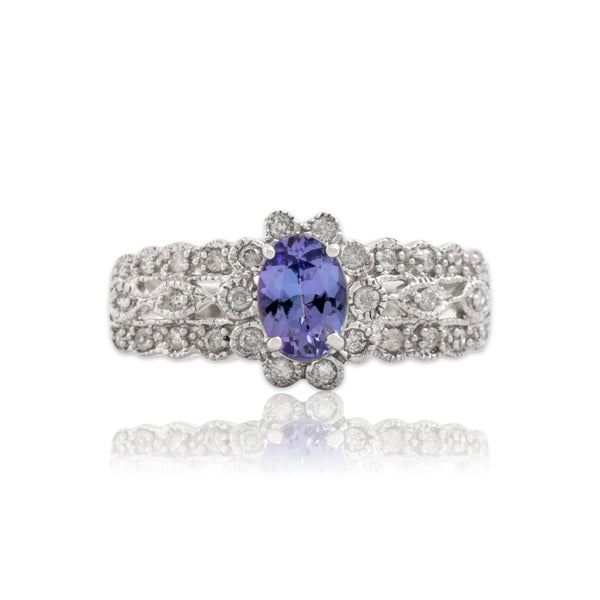 Vintage Chinese 14k White Gold .6ct Tanzanite Diamond Milgrain Halo Ring 6.00