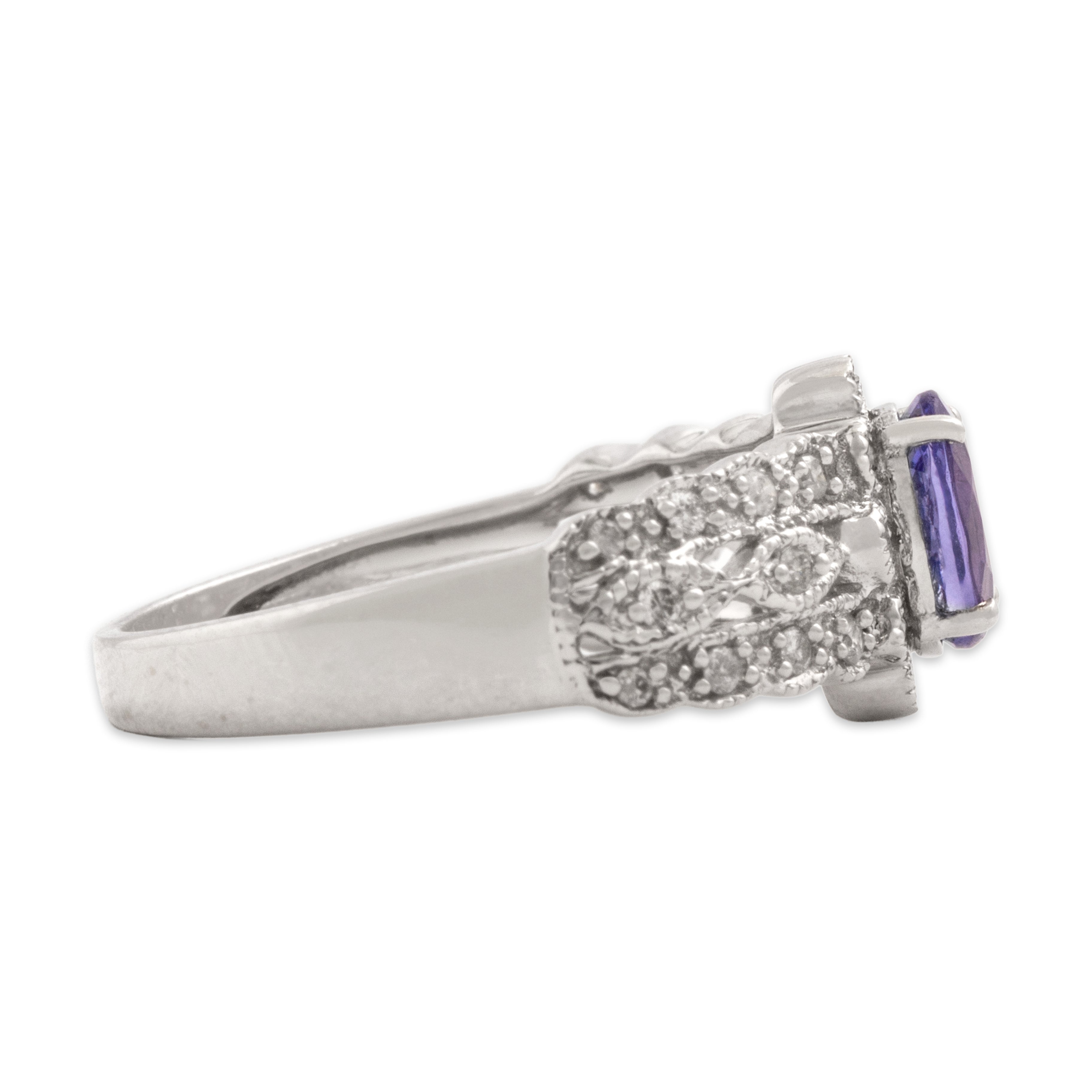 Vintage Chinese 14k White Gold .6ct Tanzanite Diamond Romantic Milgrain Halo Ring - Side view
