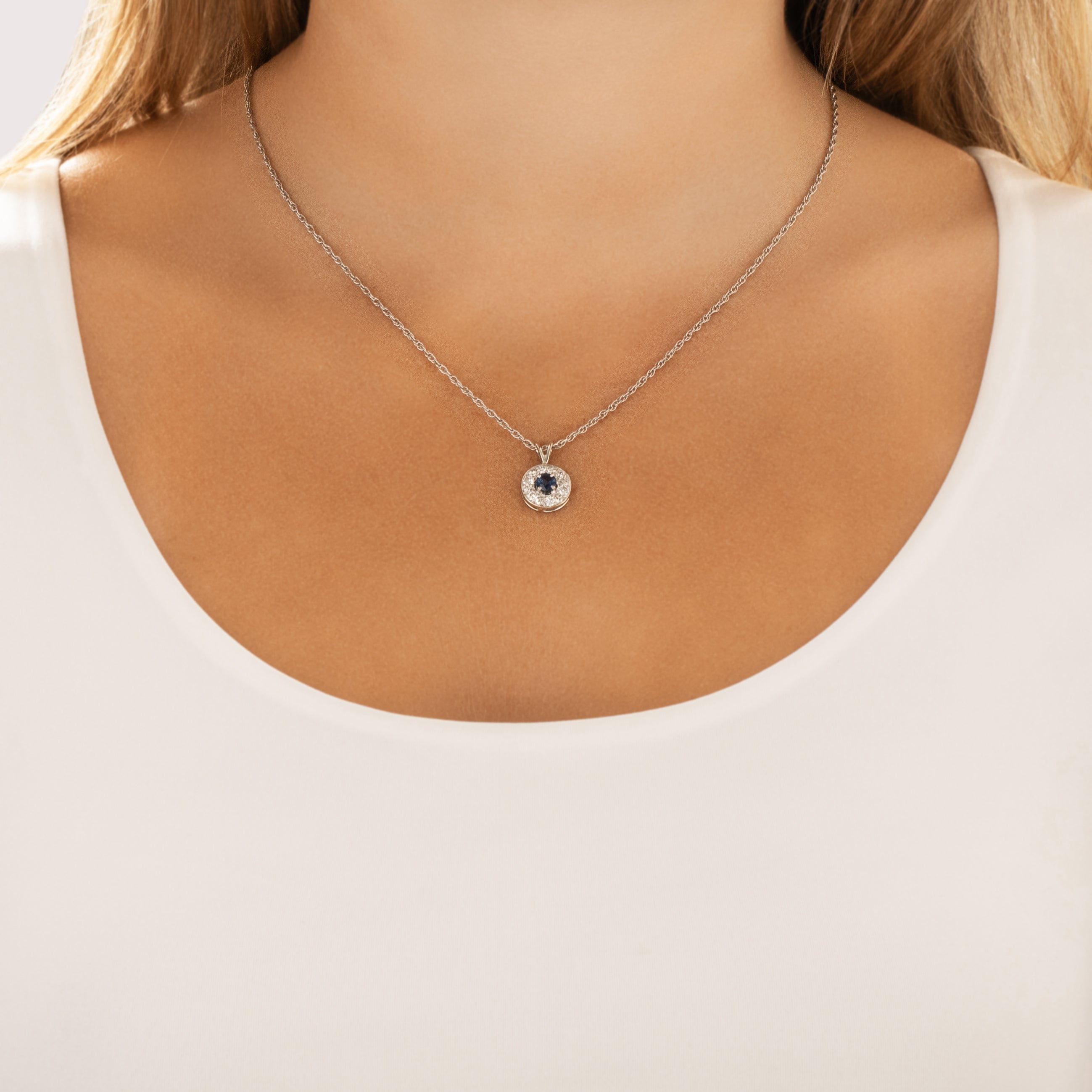 Vintage 14k White Gold Blue Sapphire Old European Cut Diamond Bright Dazzling Halo Pendant - On model view