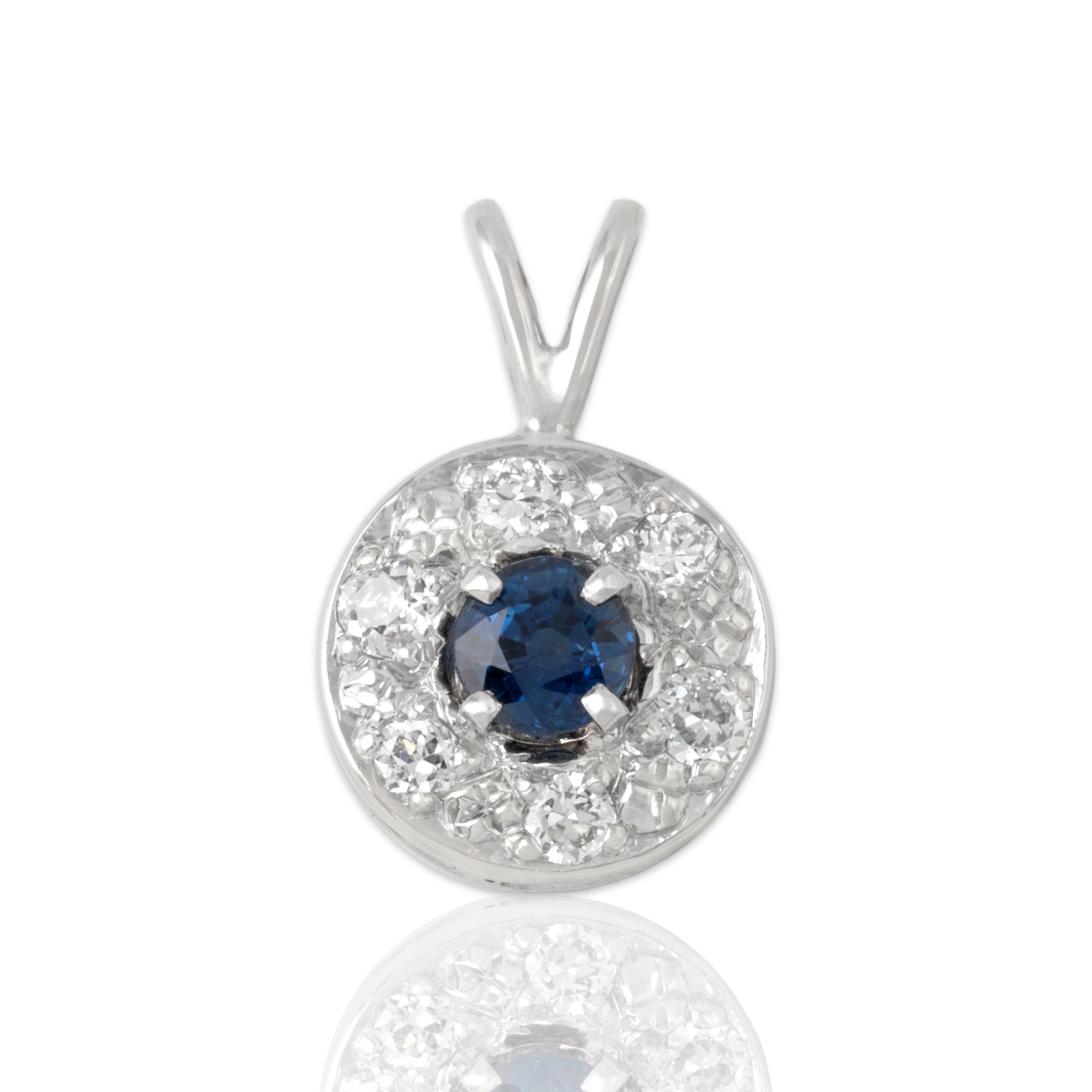 Vintage 14k White Gold Blue Sapphire Old European Cut Diamond Bright Dazzling Halo Pendant - Close-up view