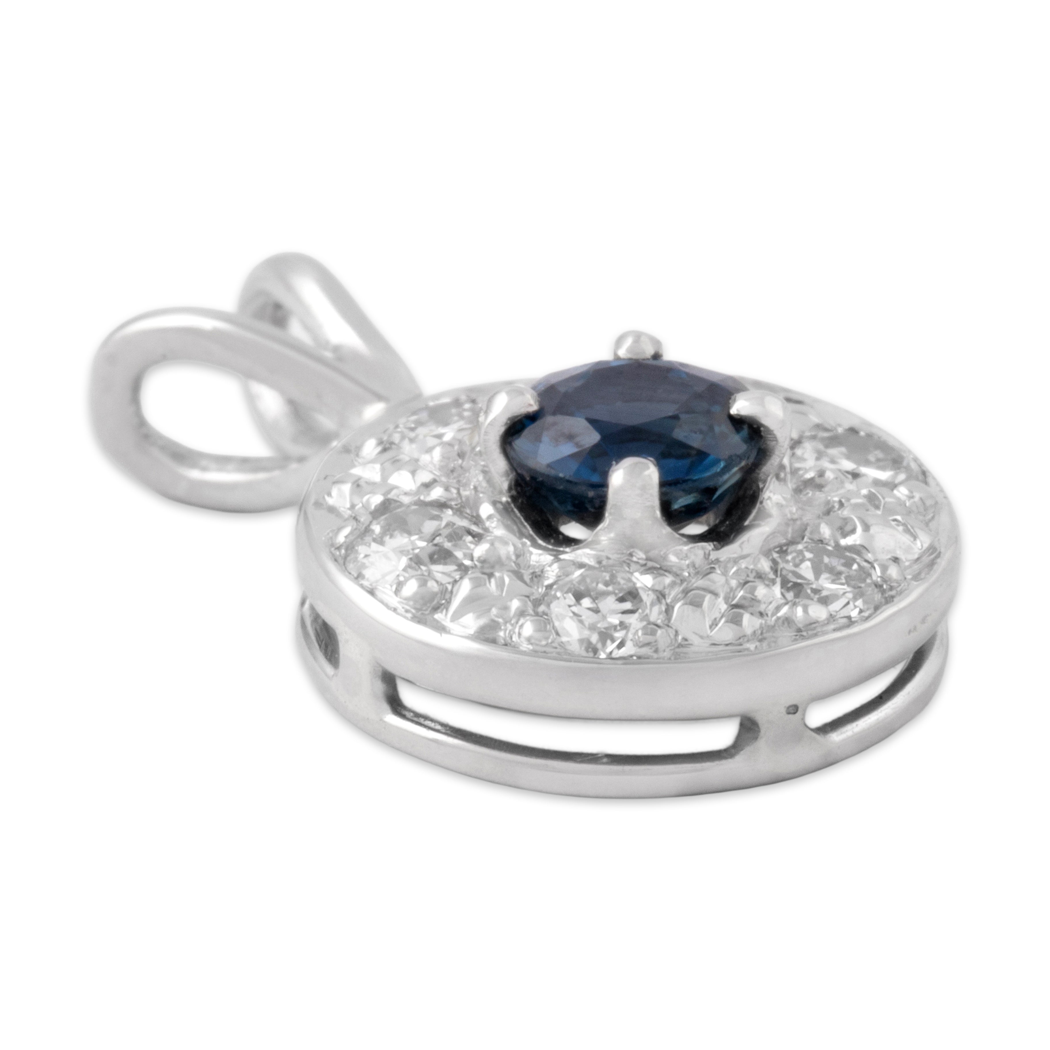Vintage 14k White Gold Blue Sapphire Old European Cut Diamond Bright Dazzling Halo Pendant - Side view