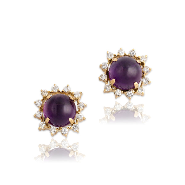 Vintage 14k Yellow Gold 4.55cttw Amethyst Diamond Cabochon Halo Stud Earrings