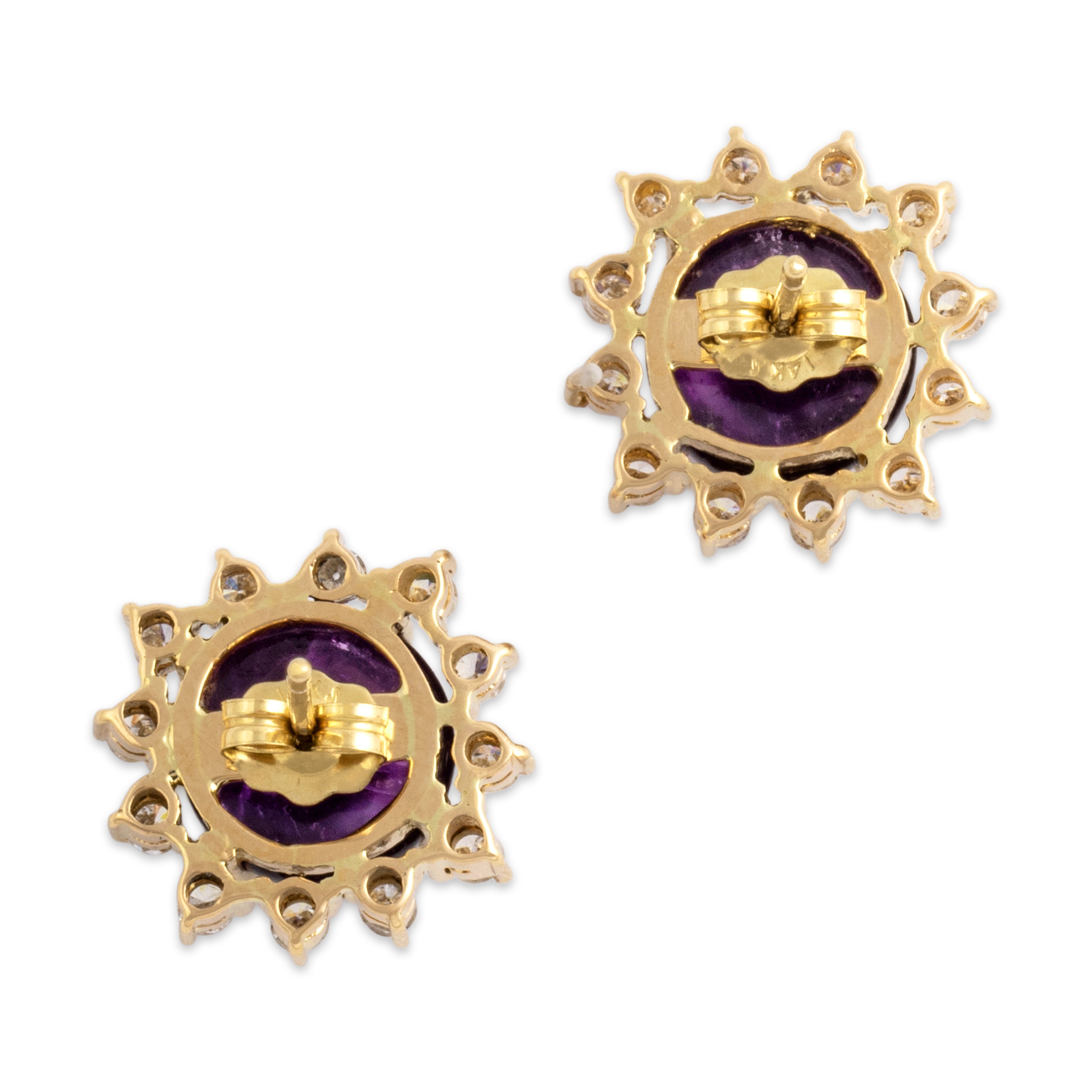Vintage 14k Yellow Gold 4.55cttw Amethyst Diamond Cabochon Halo Stud Earrings